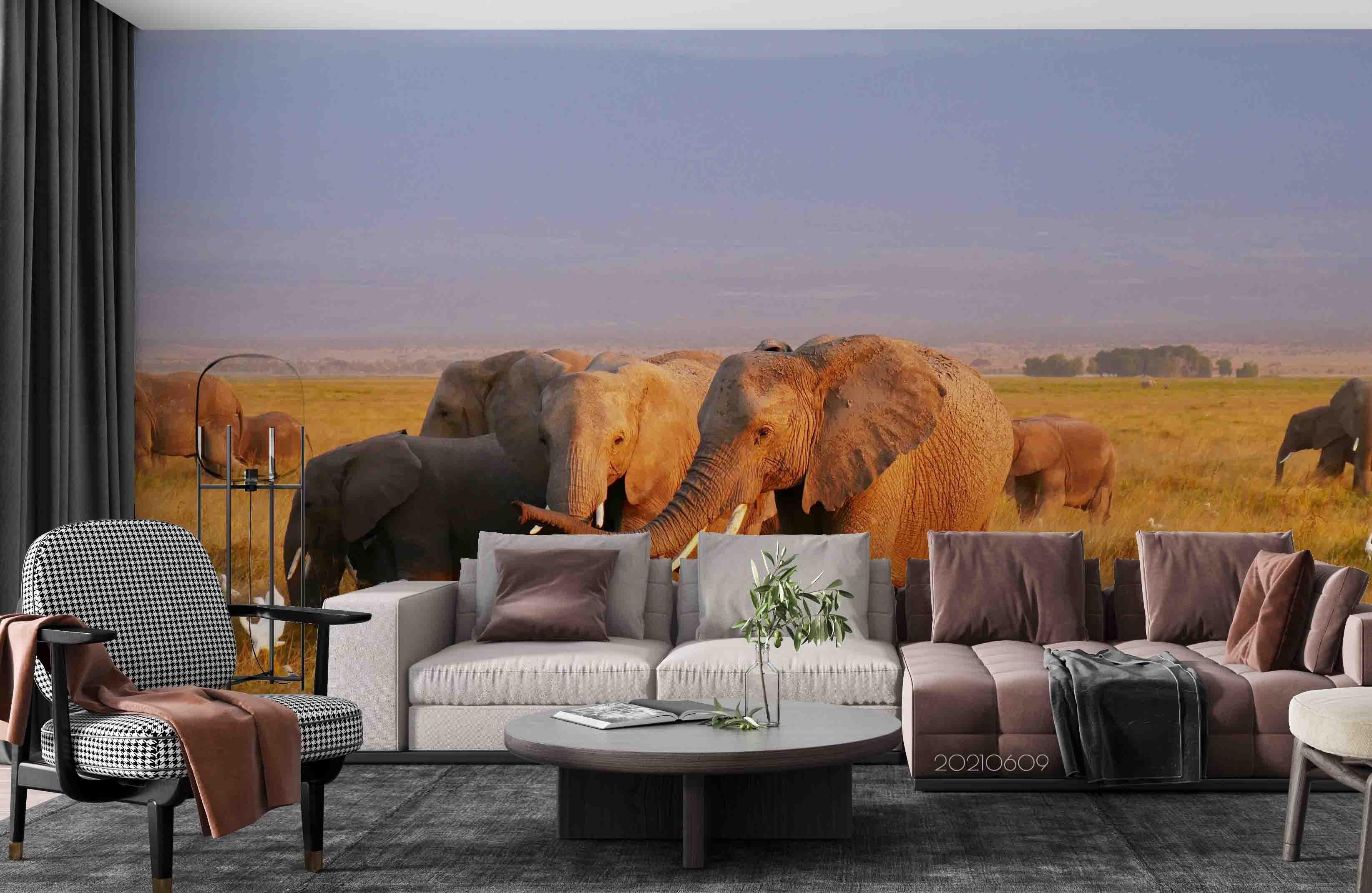 3D  Africa Grassland Elephant Dusk Wall Mural Wallpaper SWW1694- Jess Art Decoration