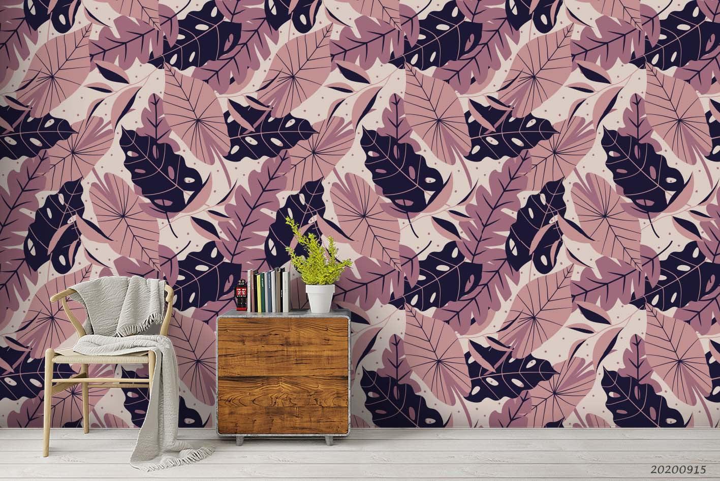 Hand Drawn Pink Leaves Plant Pattern Wall Mural Wallpaper LXL- Jess Art Decoration