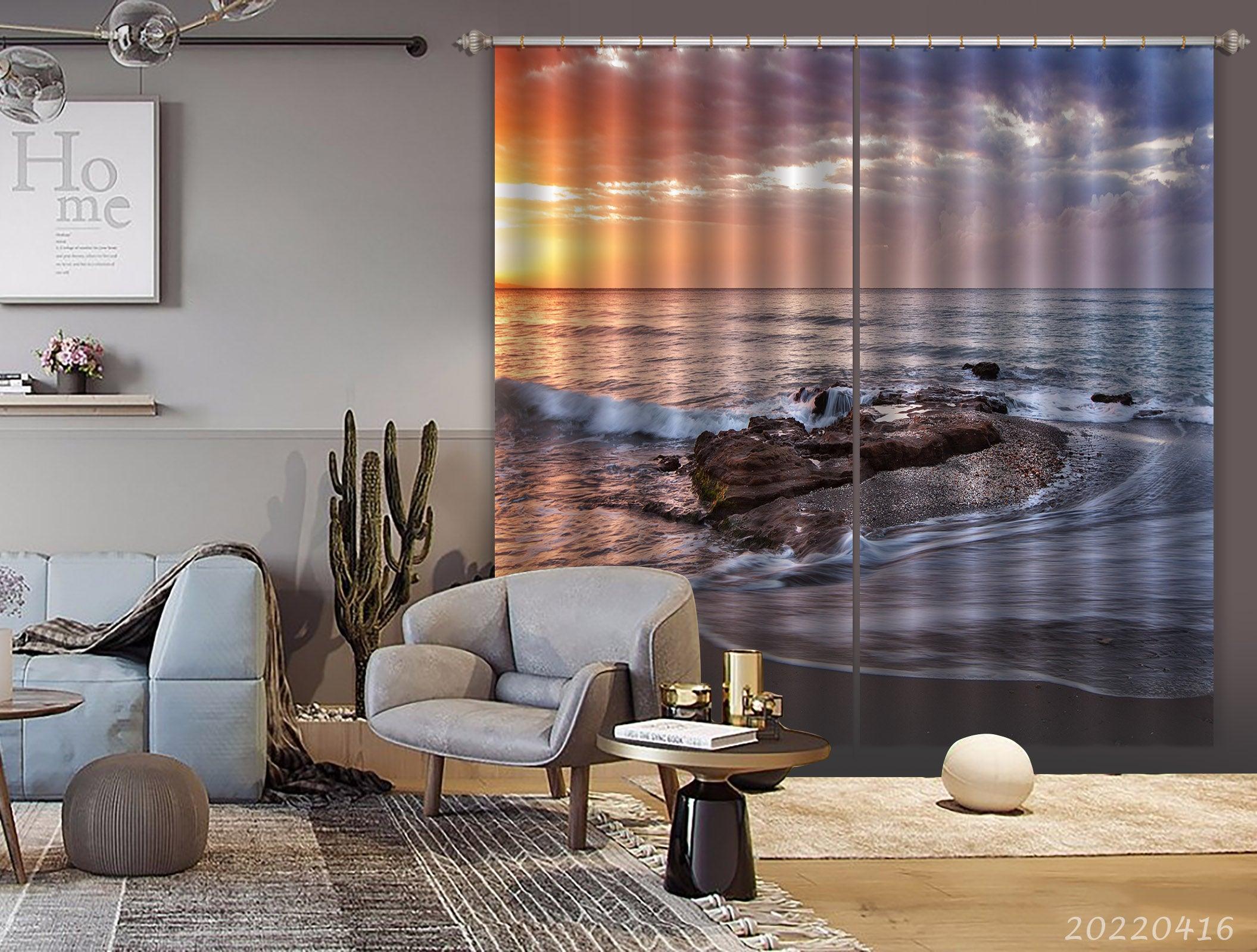 3D Landscape Ocean Reef Wave Golden Skyline Cloudy Curtains and Drapes GD 4390- Jess Art Decoration