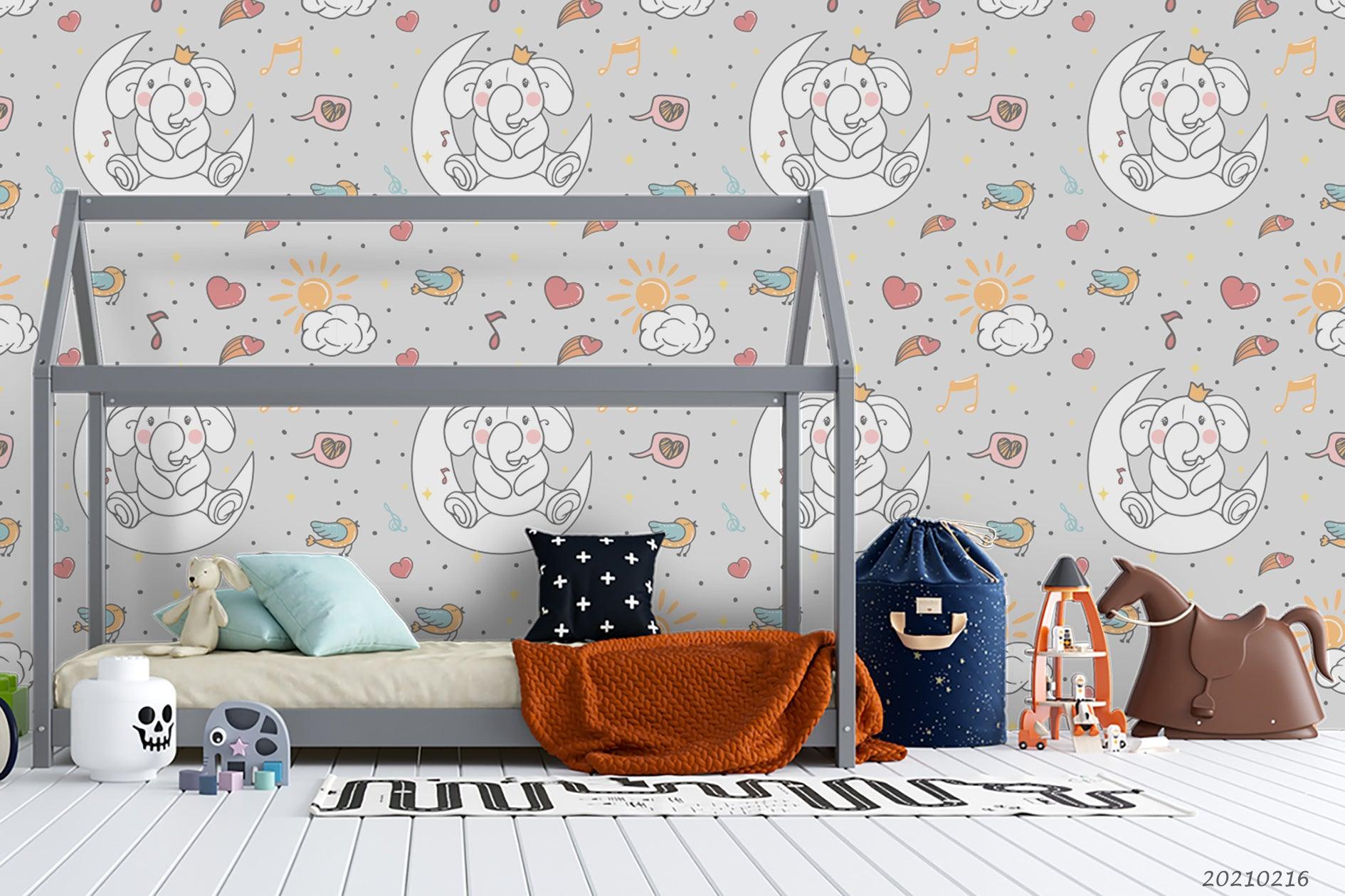 3D Cartoon Animal Moon Elephant Wall Mural Wallpaper LQH 47- Jess Art Decoration