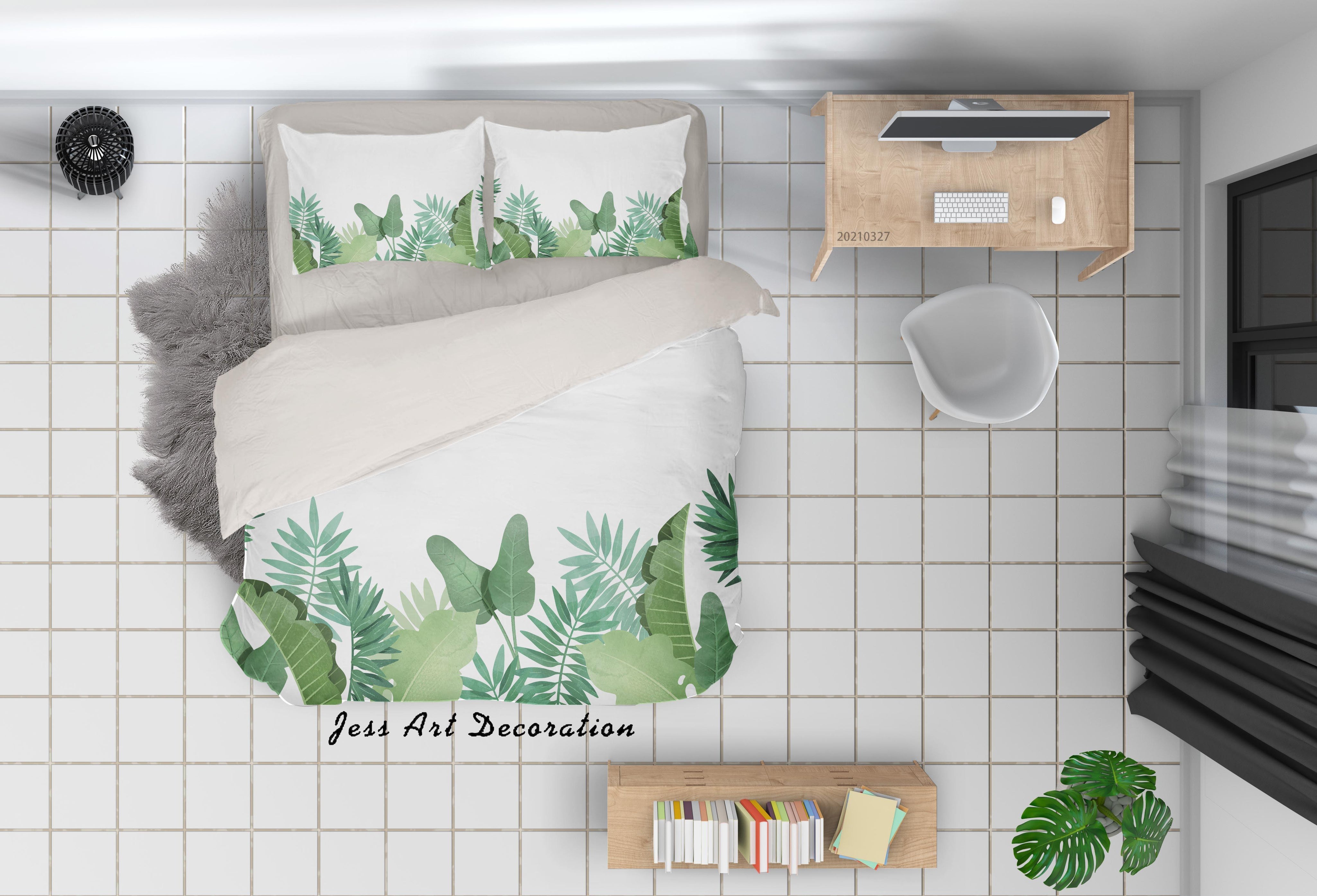 3D Watercolor Green Leaf Quilt Cover Set Bedding Set Duvet Cover Pillowcases 68- Jess Art Decoration
