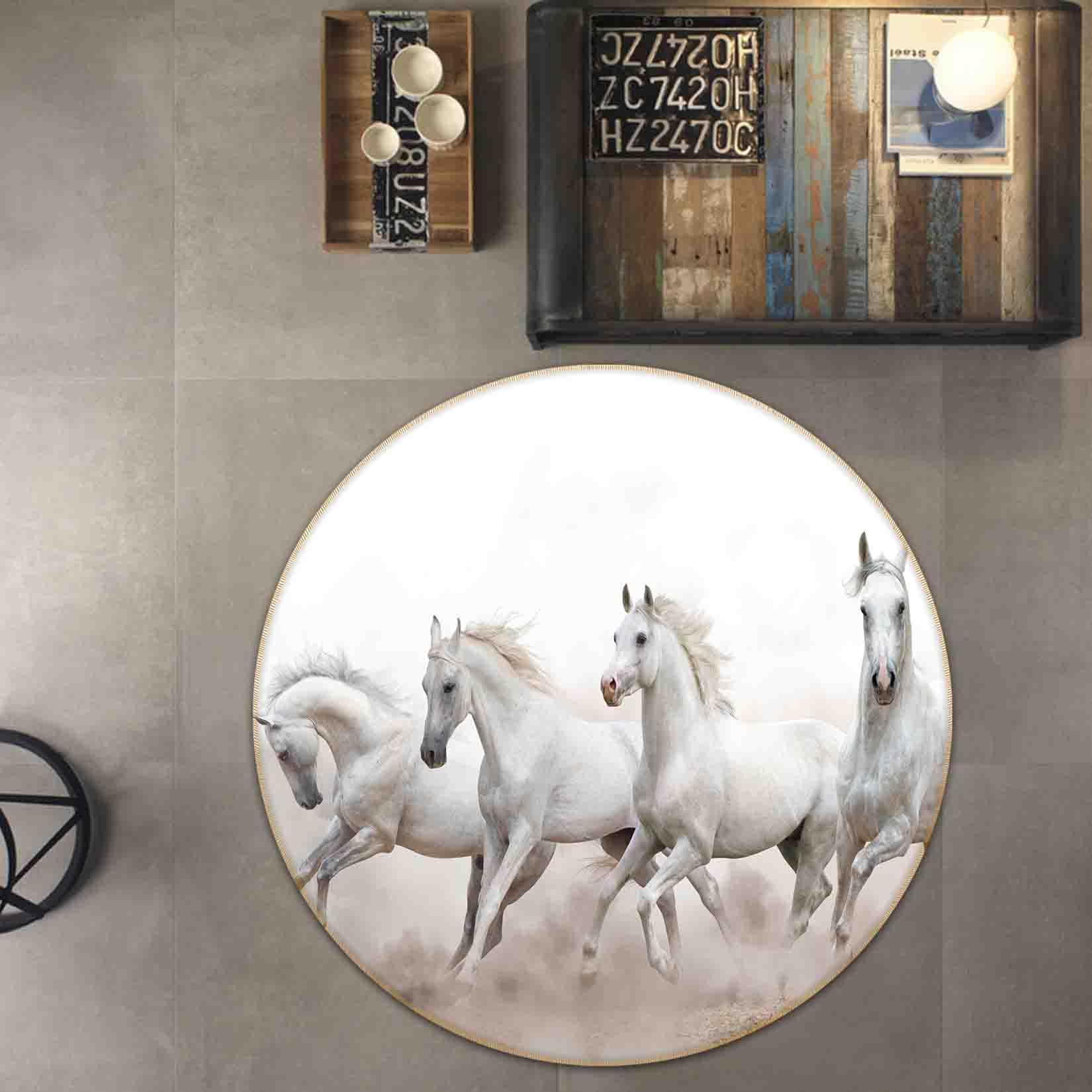 3D White Running Horse Non-Slip Round Rug Mat 5- Jess Art Decoration