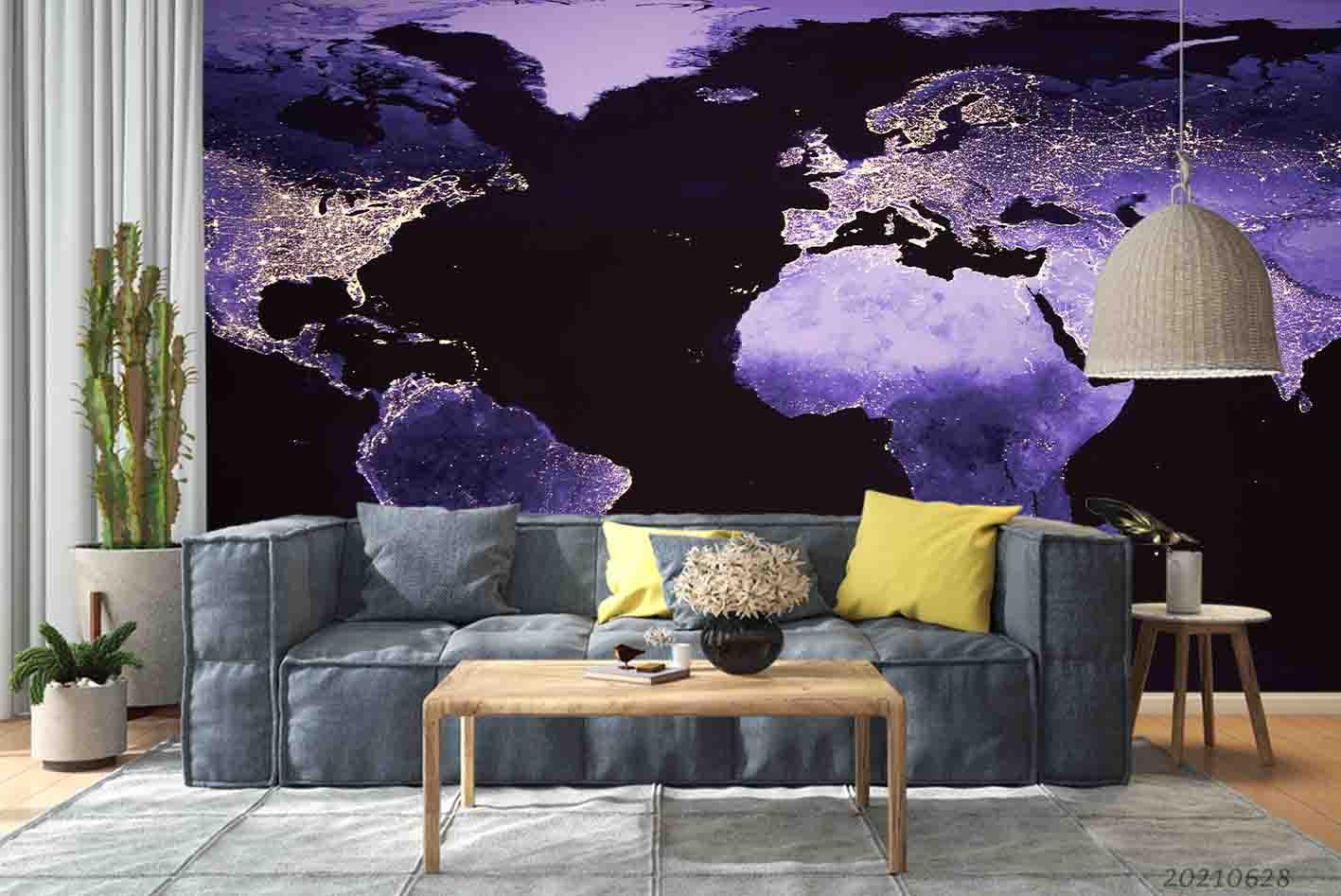 3D Abstract Purple World Map Wall Mural Wallpaper LQH 217- Jess Art Decoration