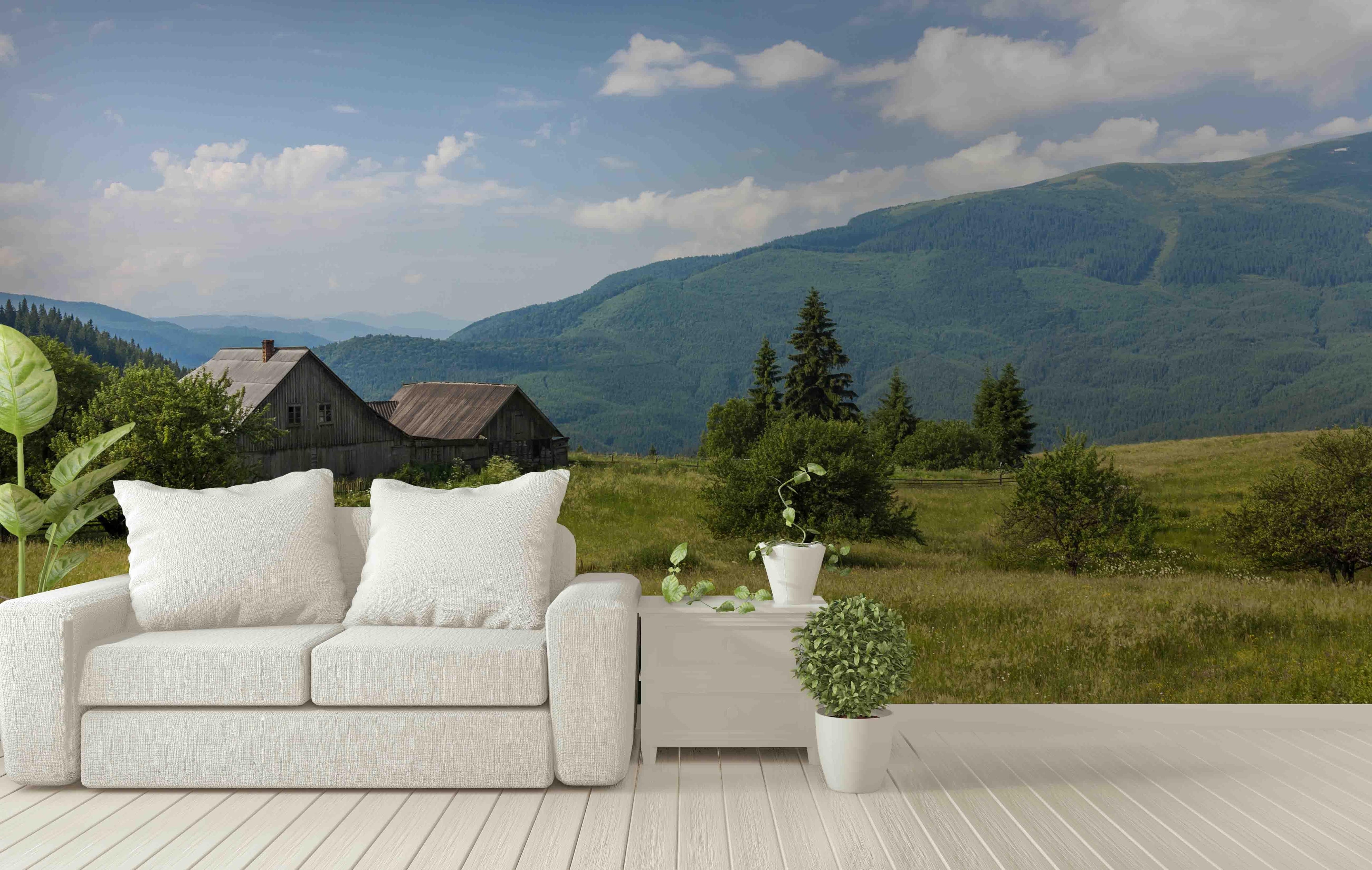 3D blue sky white clouds green mountains wall mural wallpaper 57- Jess Art Decoration