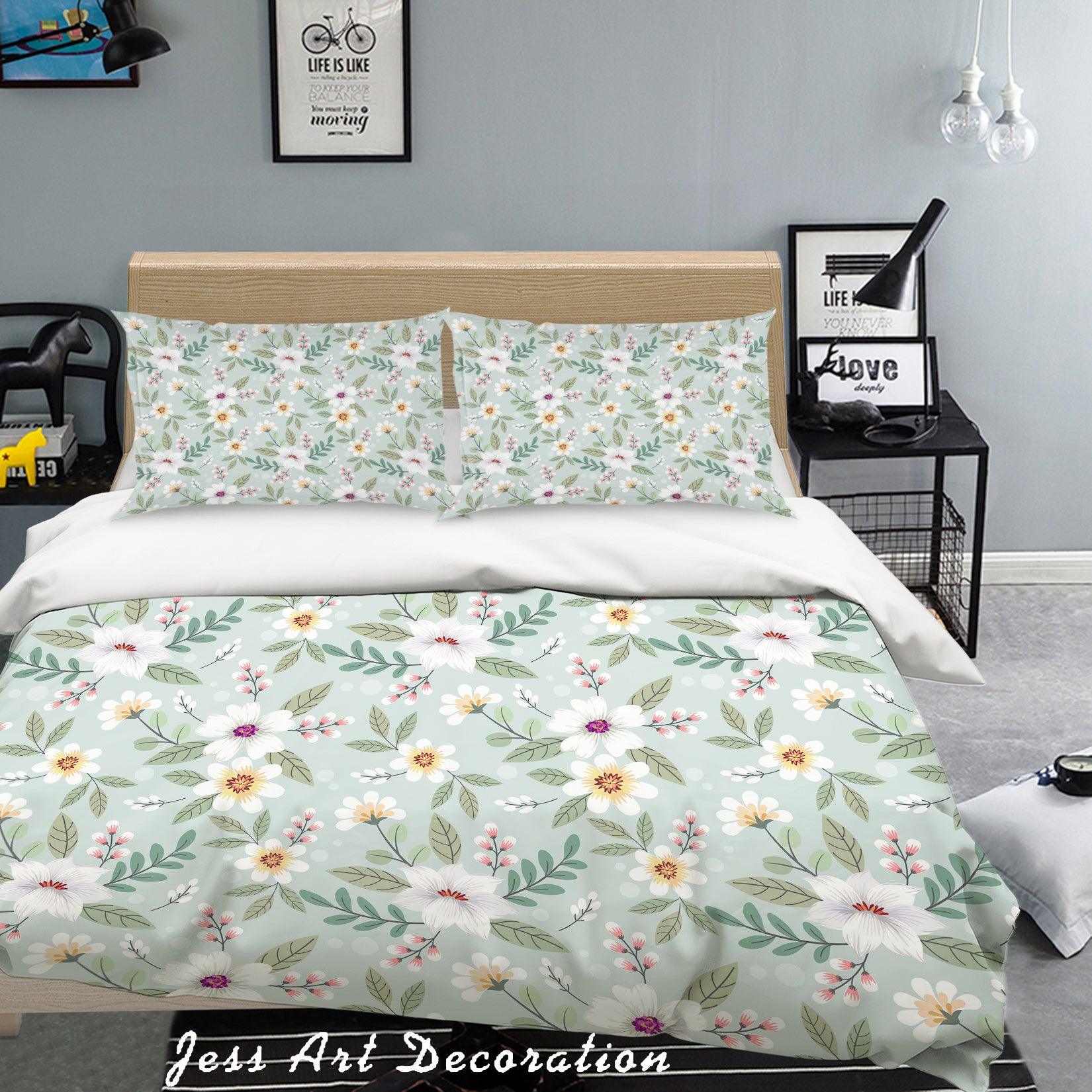 3D White Flowers Green Leaves Quilt Cover Set Bedding Set Pillowcases 16- Jess Art Decoration