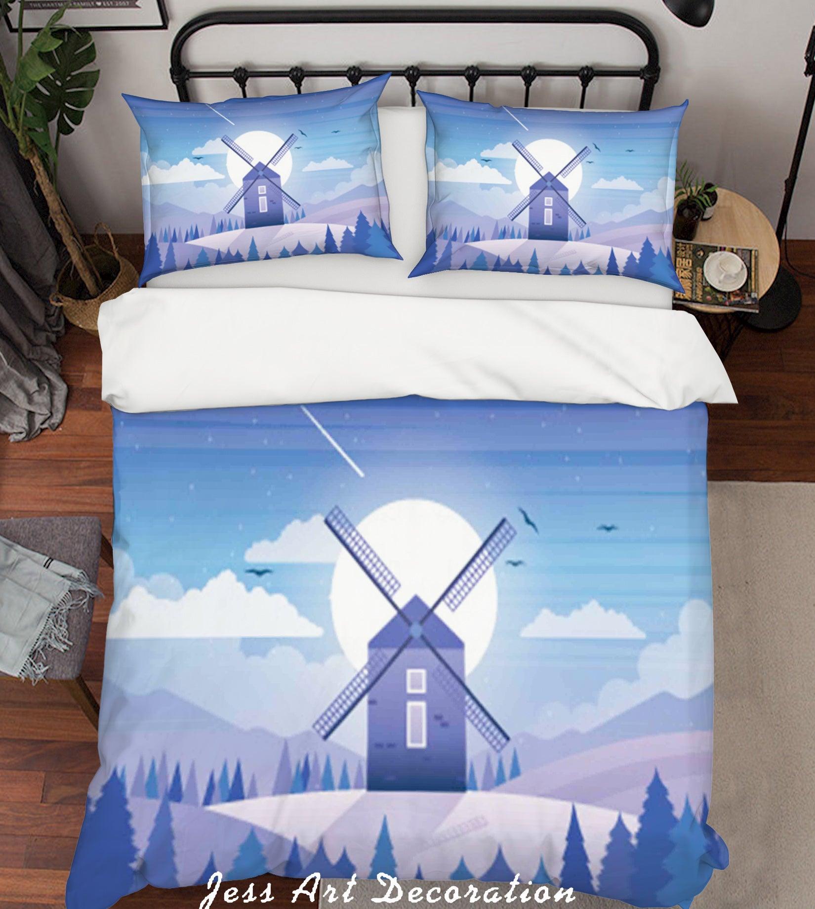 3D Blue Windmill Hill Trees Quilt Cover Set Bedding Set Pillowcases 17- Jess Art Decoration
