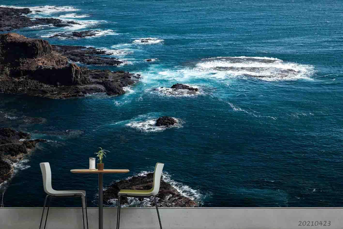 3D Blue Sea Rock Wall Mural Wallpaper LQH 281- Jess Art Decoration