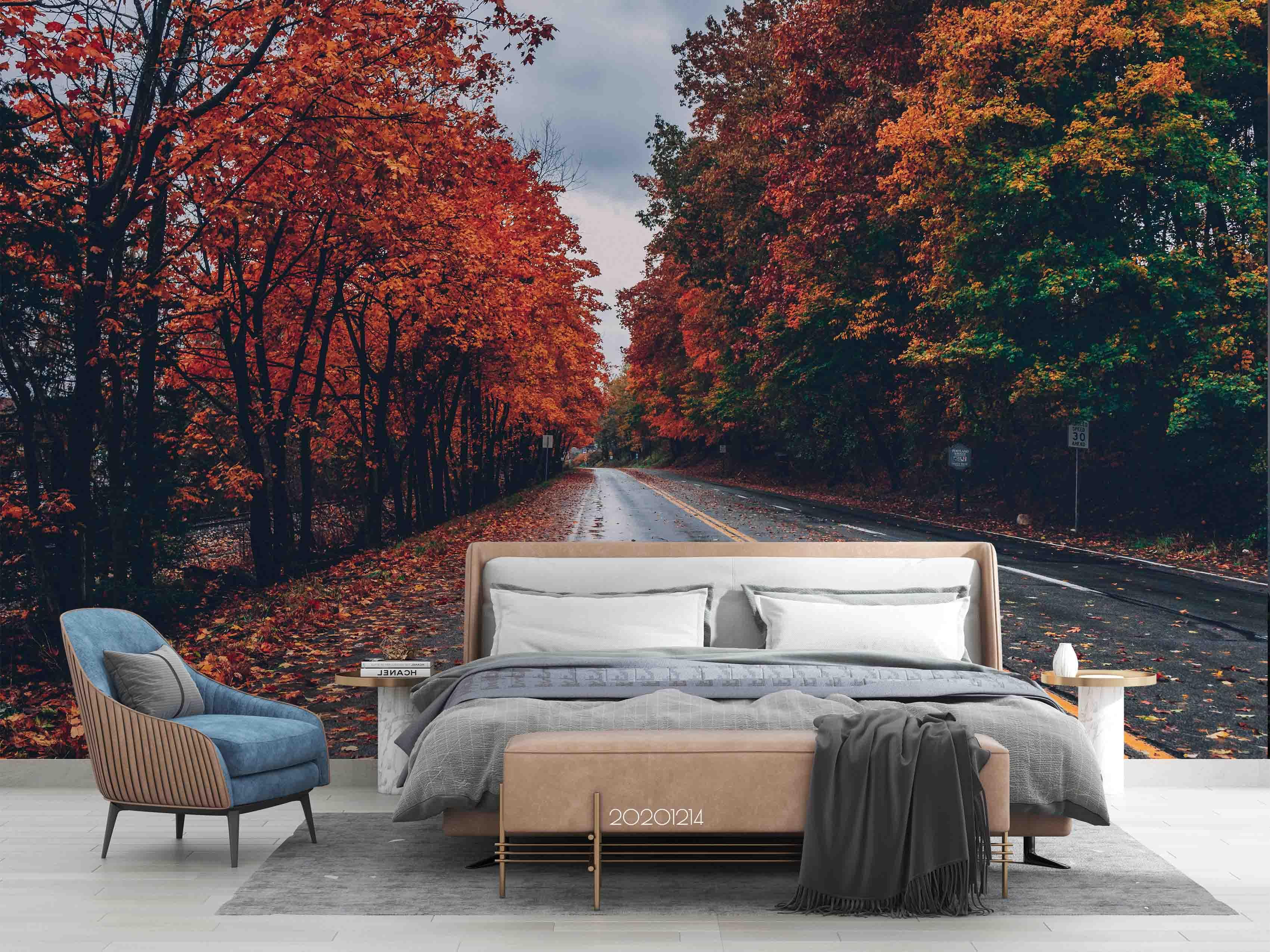 3D Landscape Autumn Maple Leaves Plant Tree Highway Wall Mural Wallpaper LXL- Jess Art Decoration