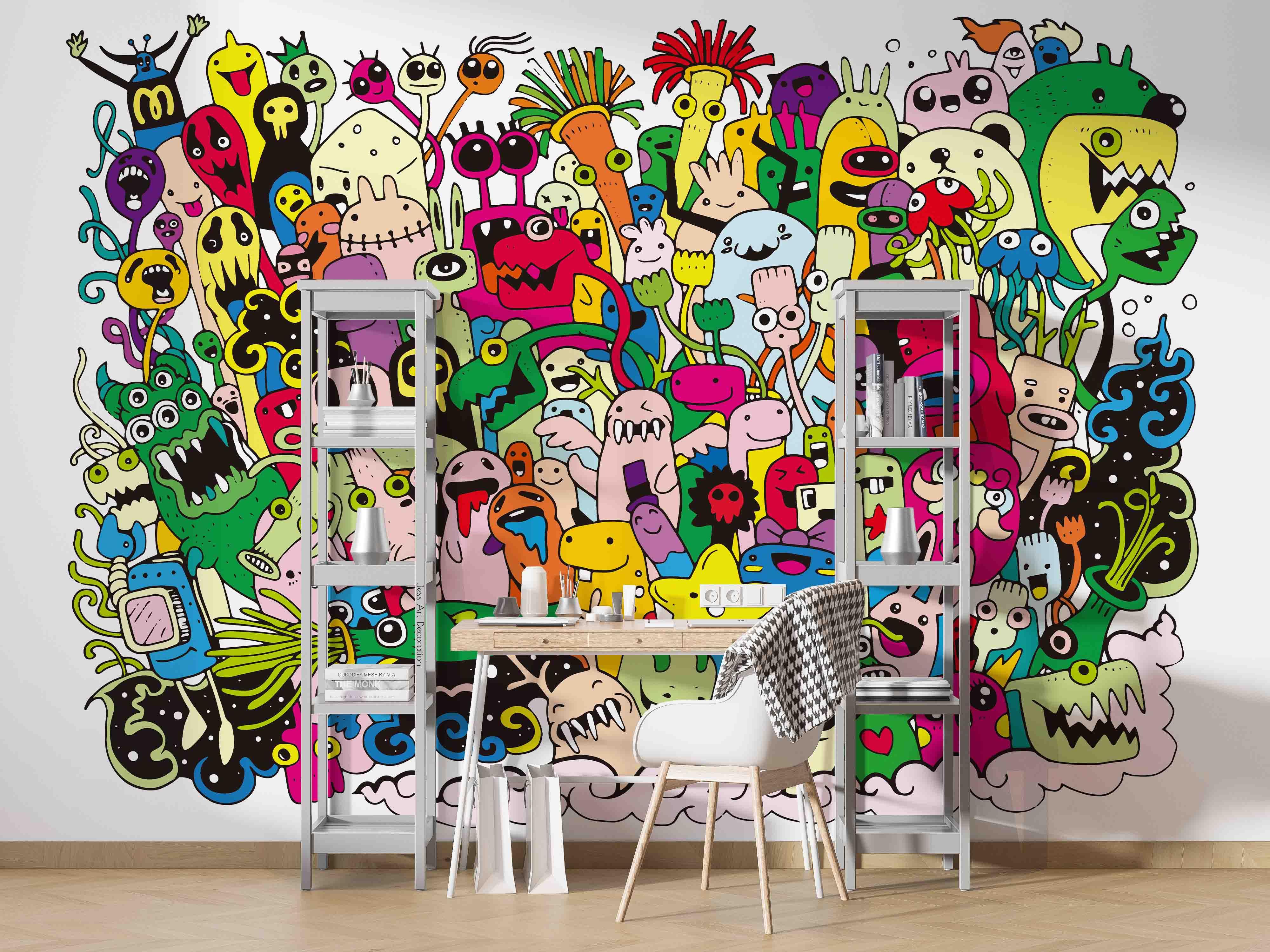 3D Colourful Monster Doodle colourful monster doodle collage wall mural wallpaper for playroom - view 2