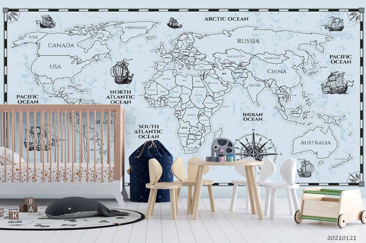 3D Hand Drawn Blue World Map Wall Mural Wallpaper LQH 6- Jess Art Decoration