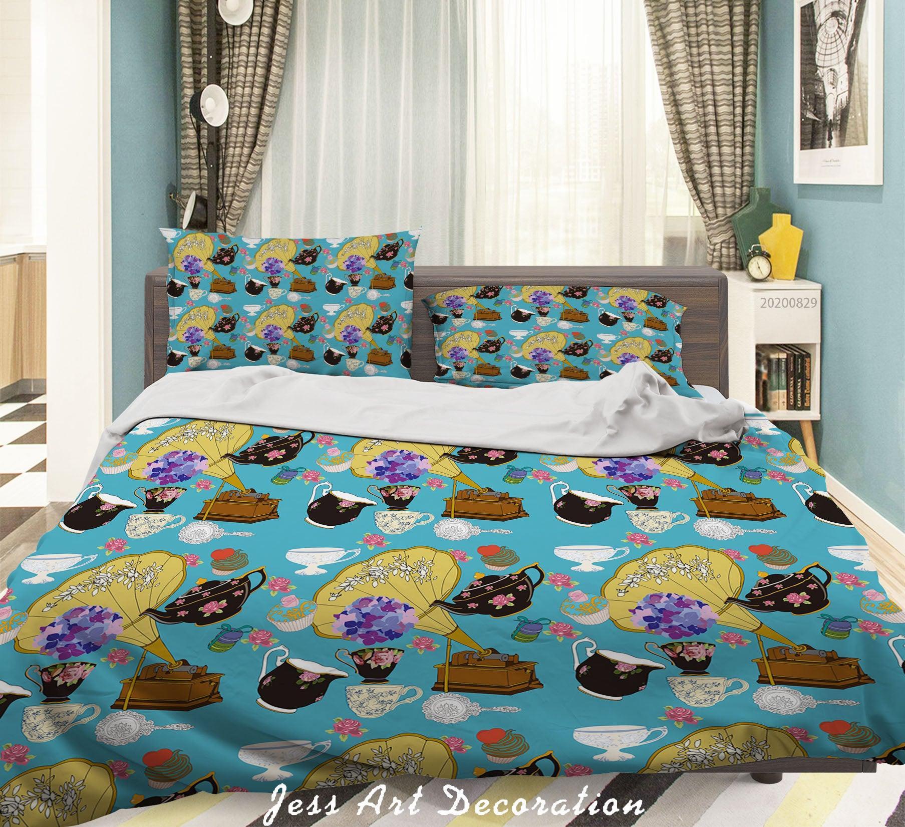3D Abstract Hand Draw Cartoon Teacup Dessert Pattern Quilt Cover Set Bedding Set Duvet Cover Pillowcases WJ 3570- Jess Art Decoration