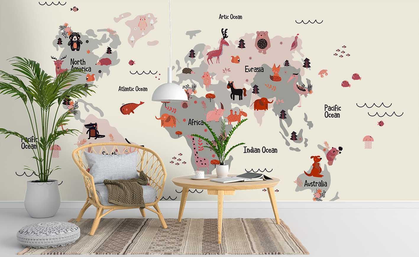 3D Cartoon World Map Wall Mural Wallpaper SF138- Jess Art Decoration