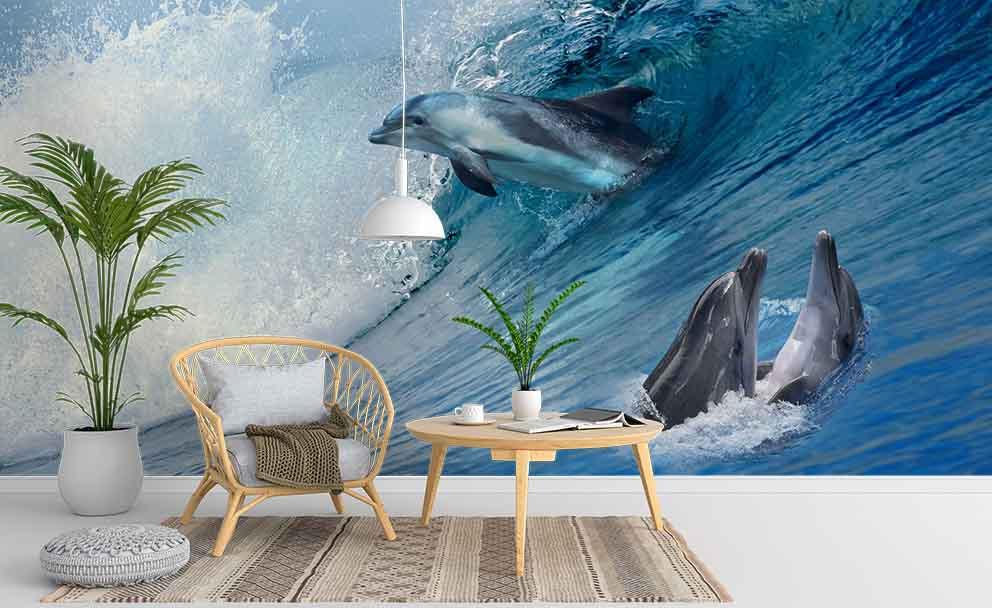 3D Sea Wave Dolphin Wall Mural Wallpaper 140- Jess Art Decoration