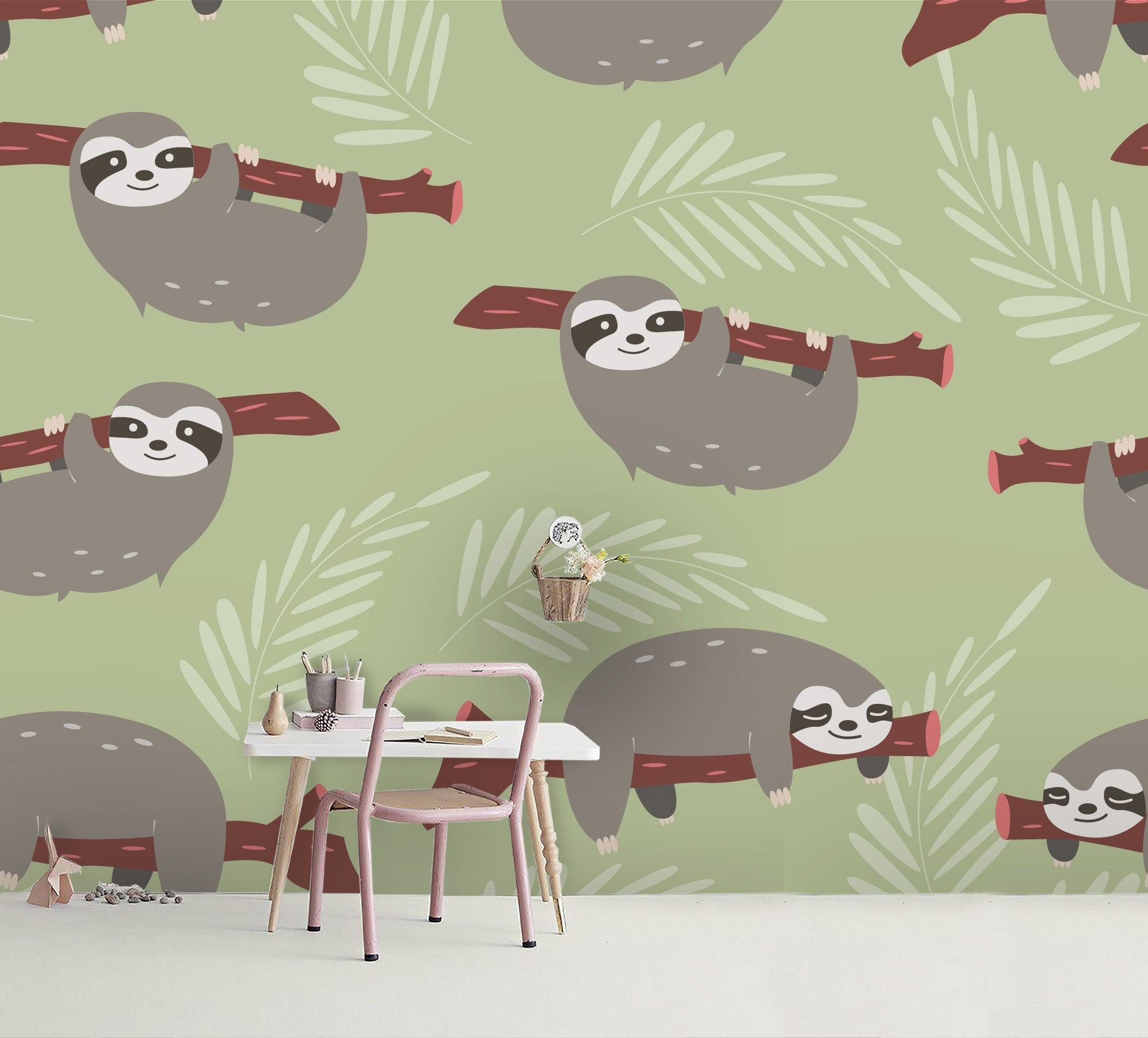 3D Cartoon Sloth Green Wall Mural Wallpaper 30- Jess Art Decoration