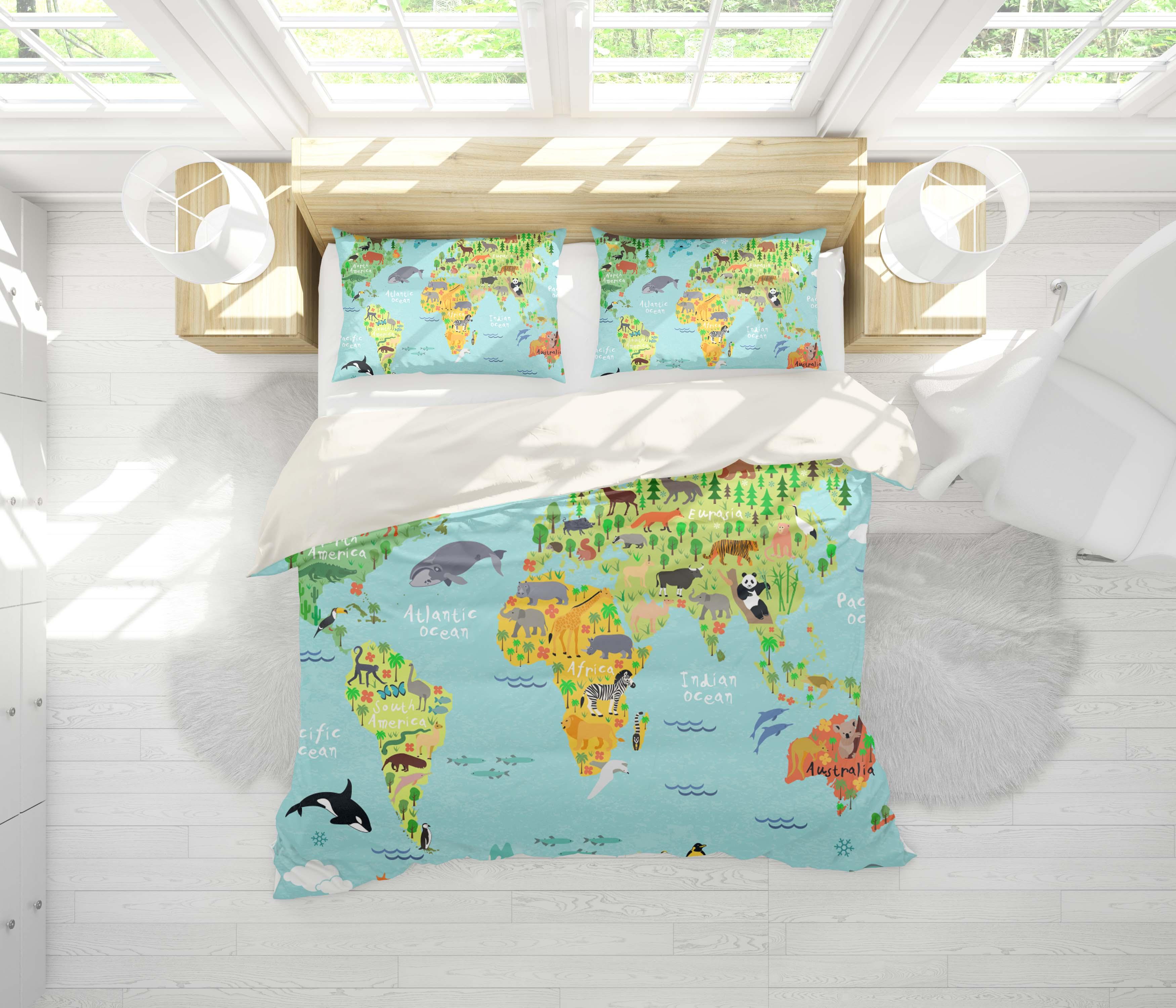 3D Green Animals World Map Quilt Cover Set Bedding Set Pillowcases 20- Jess Art Decoration