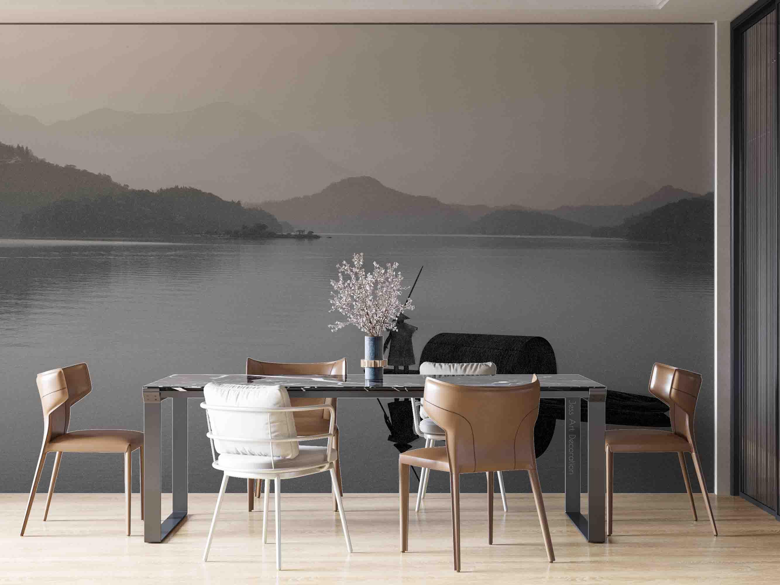 3D Black White River Fishing Boat Fisherman Mountain Tree Wall Mural Wallpaper GD 2420- Jess Art Decoration