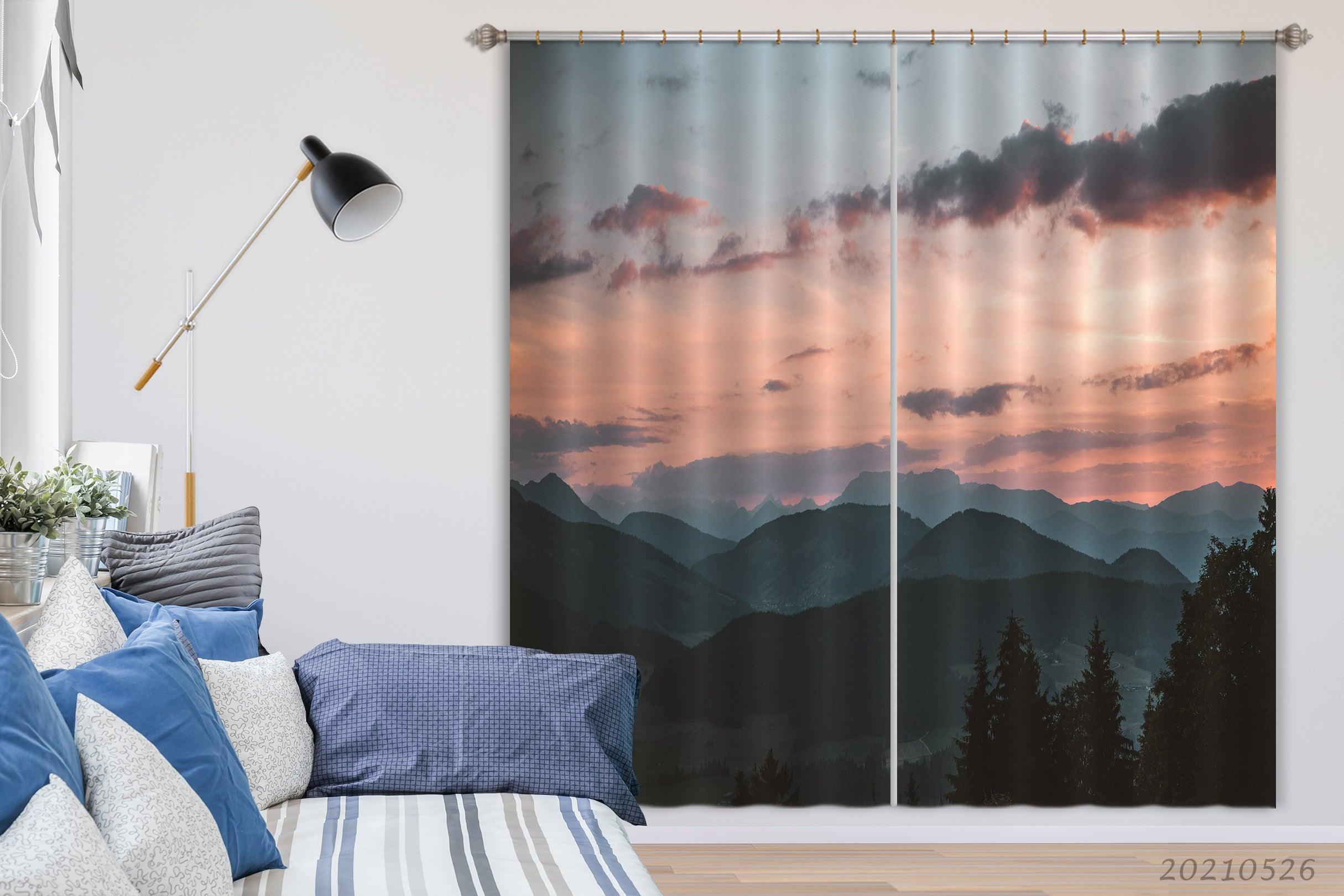 3D Black Mountain Peak Woods Red Sky Cloud Curtains and Drapes GD 254- Jess Art Decoration