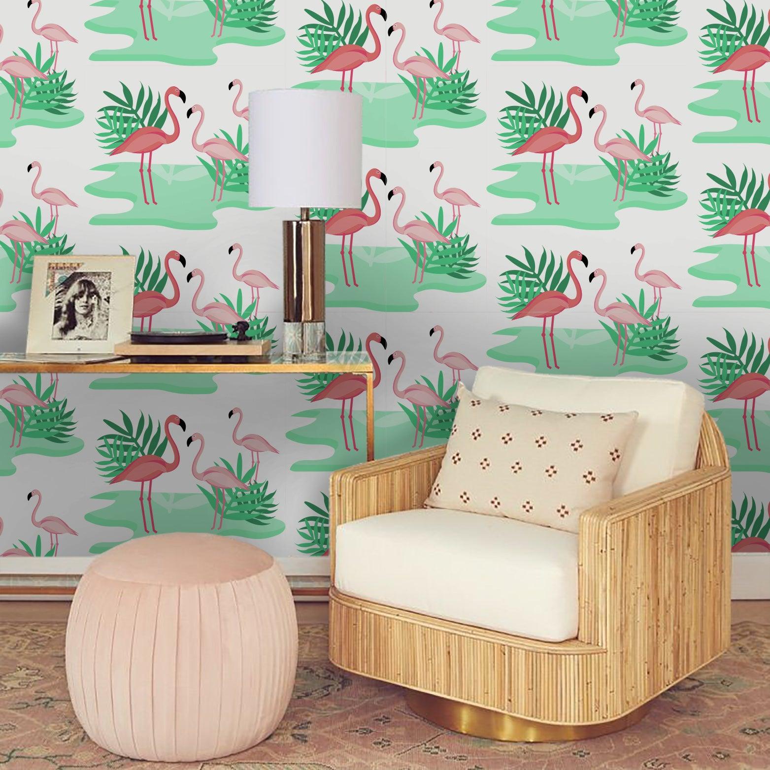 3D Flamingo Green Leaves Wall Mural Wallpaper 6- Jess Art Decoration
