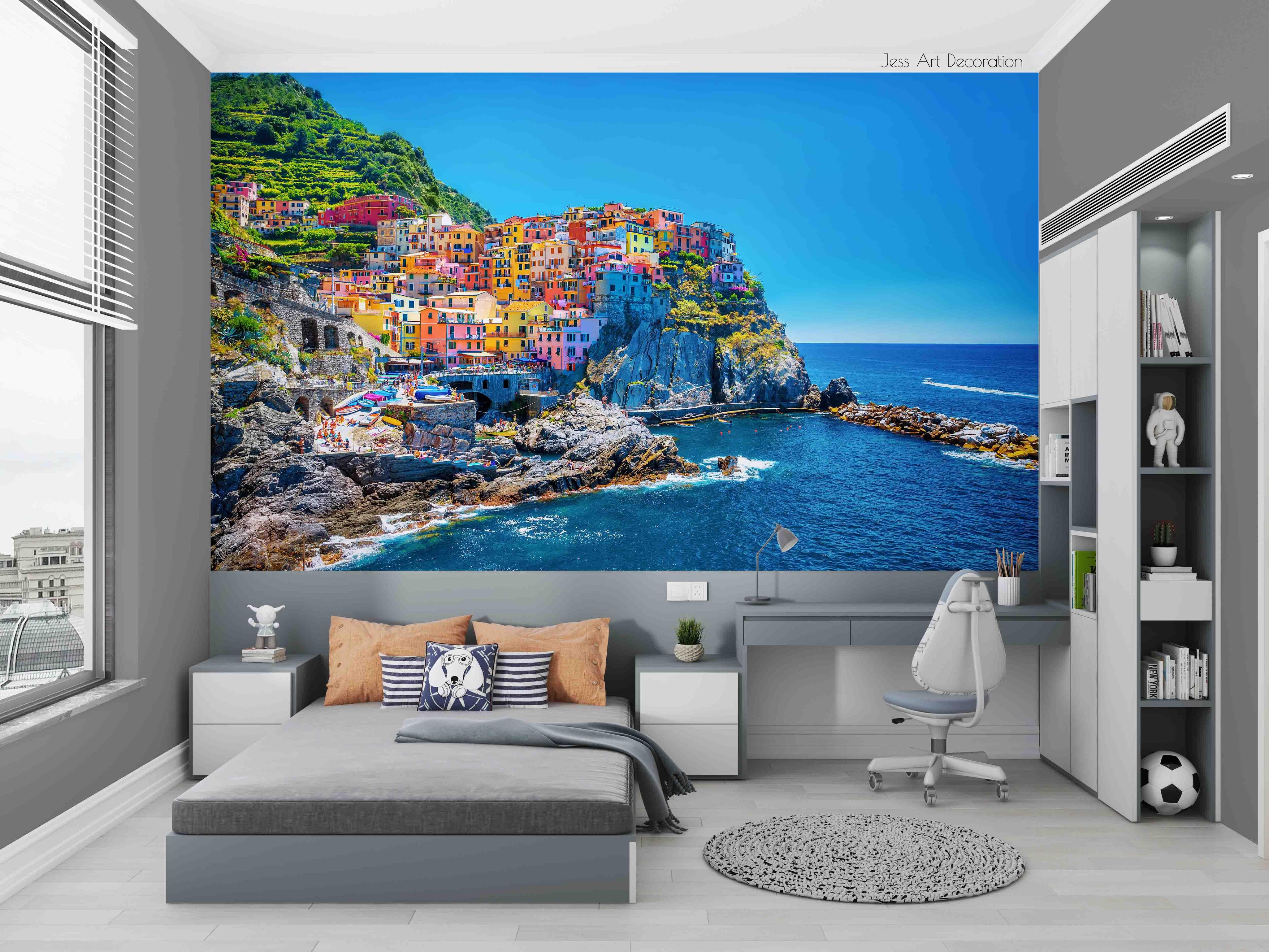 3D Blue Sea Sky Seaside Colored Tall Building Mountains Stone Woods Wall Mural Wallpaper GD 2229- Jess Art Decoration