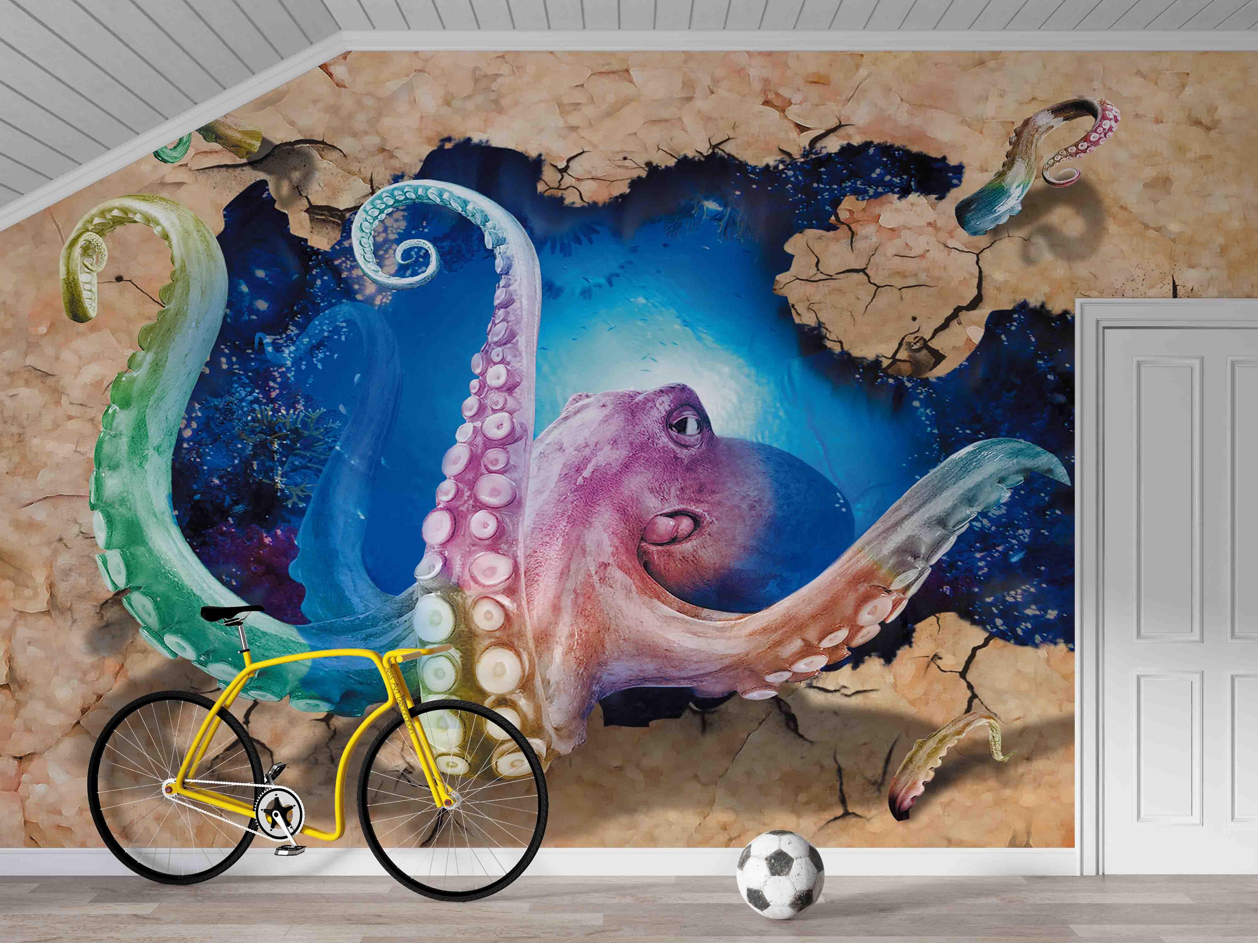 3D Hole Giant Octopus Blue Ocean Wall Mural Wallpaper GD 2732- Jess Art Decoration