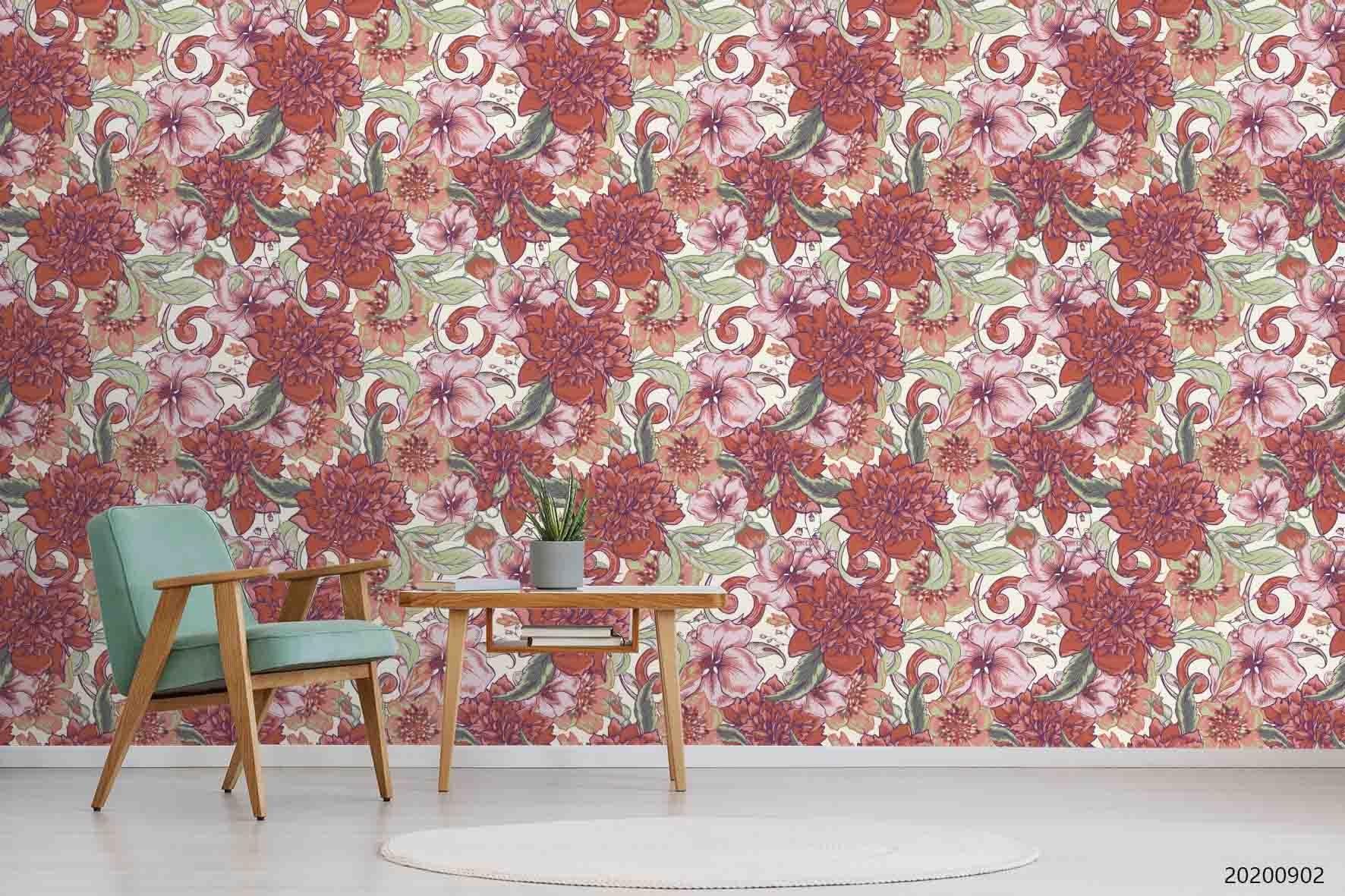 3D Hand Sketching Red Floral Leaves Plant Wall Mural Wallpaper LXL 1300- Jess Art Decoration