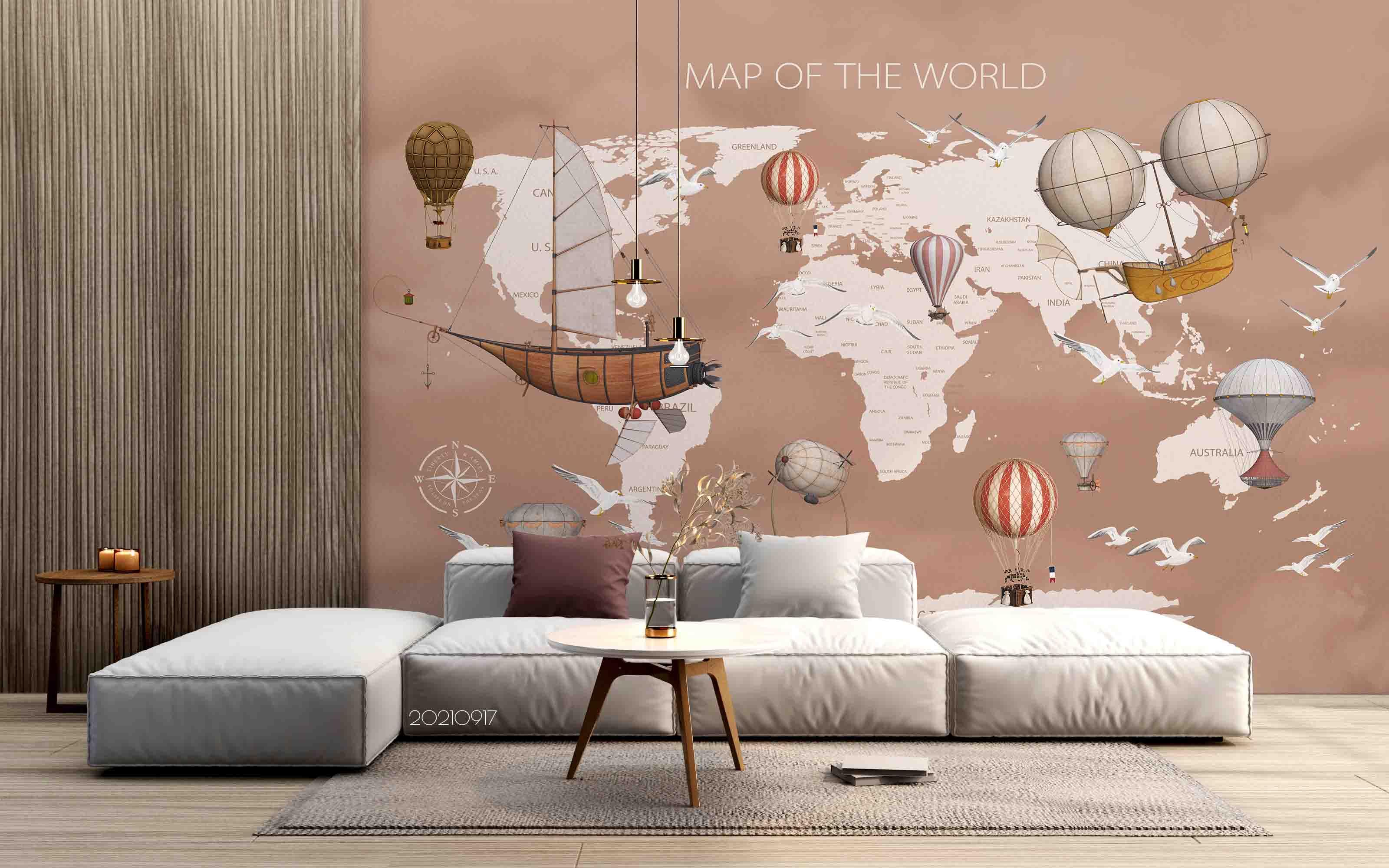 3D World Map Hot Air Balloon Wall Mural Wallpaper LQH 74- Jess Art Decoration