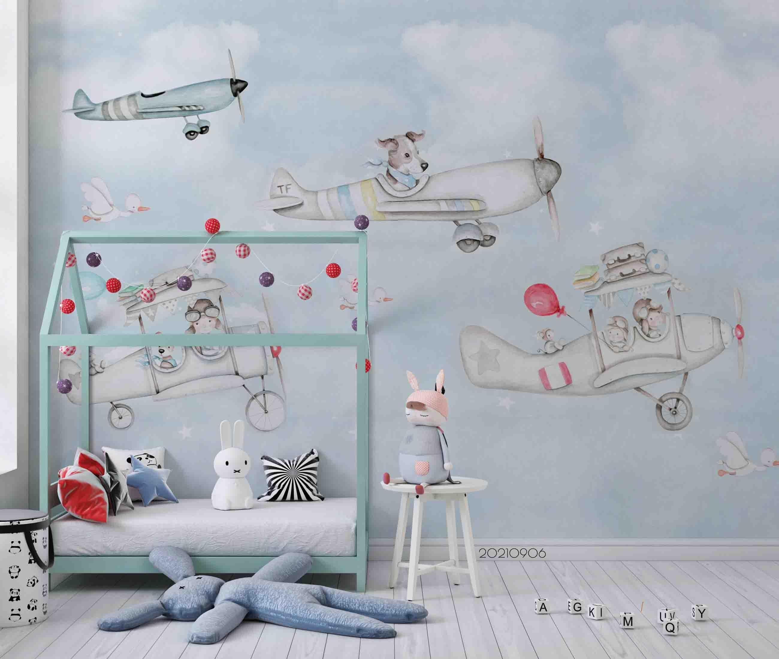 3D Cartoon Sky Cloud Airplane Wall Mural Wallpaper LQH 583- Jess Art Decoration
