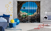 3D Cave Landscape Blue Ocean Beach Skyline Rock Curtains and Drapes GD 4785- Jess Art Decoration