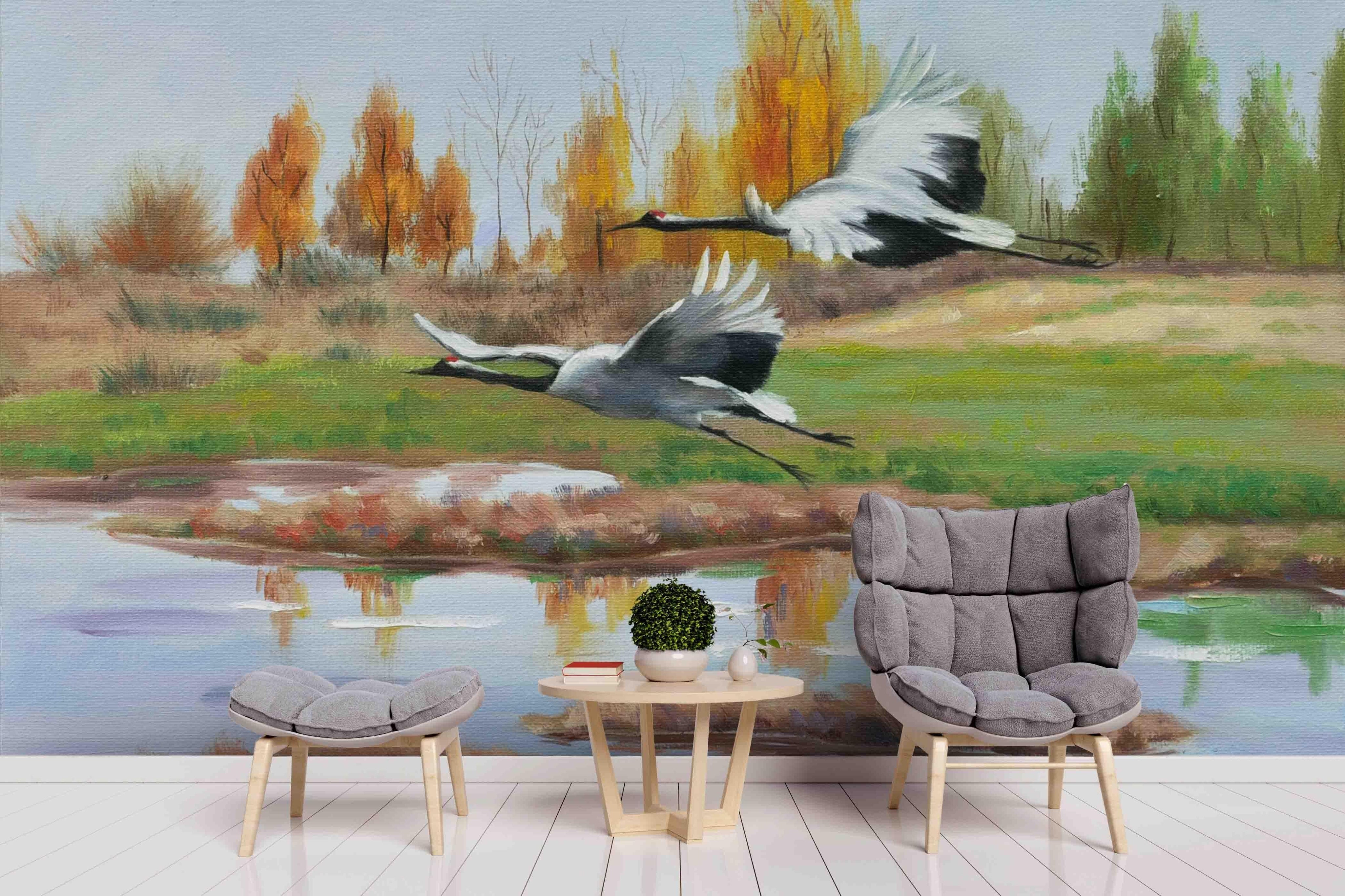 3D Realistic River Flying Crane Animal Wall Mural Wallpaper LXL 1637- Jess Art Decoration