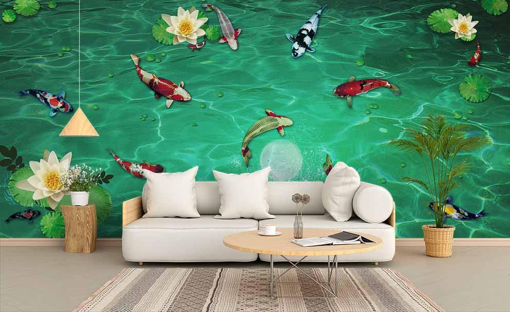3D Pond Lotus Carp Wall Mural Wallpaper 132- Jess Art Decoration