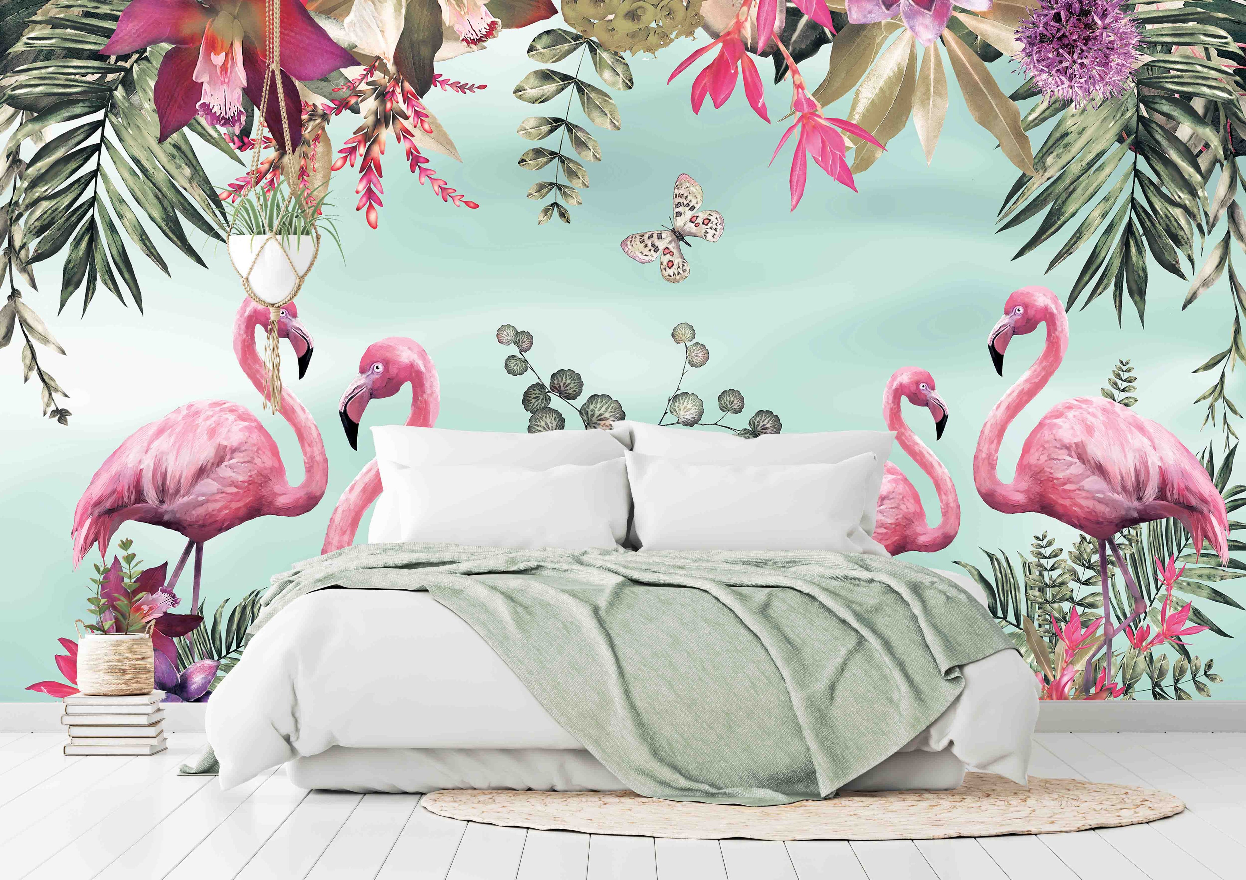 3D Tropical Leaves Floral Flamingo Wall Mural Wallpaper GD 1778- Jess Art Decoration