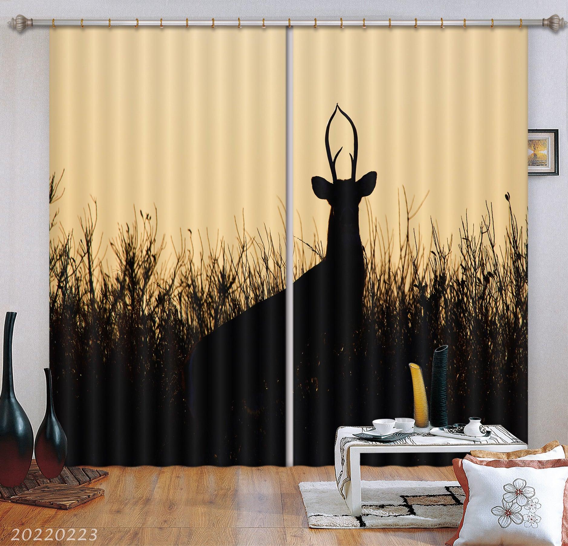 3D Elk Tall Grass Silhouette Curtains and Drapes GD 2422- Jess Art Decoration