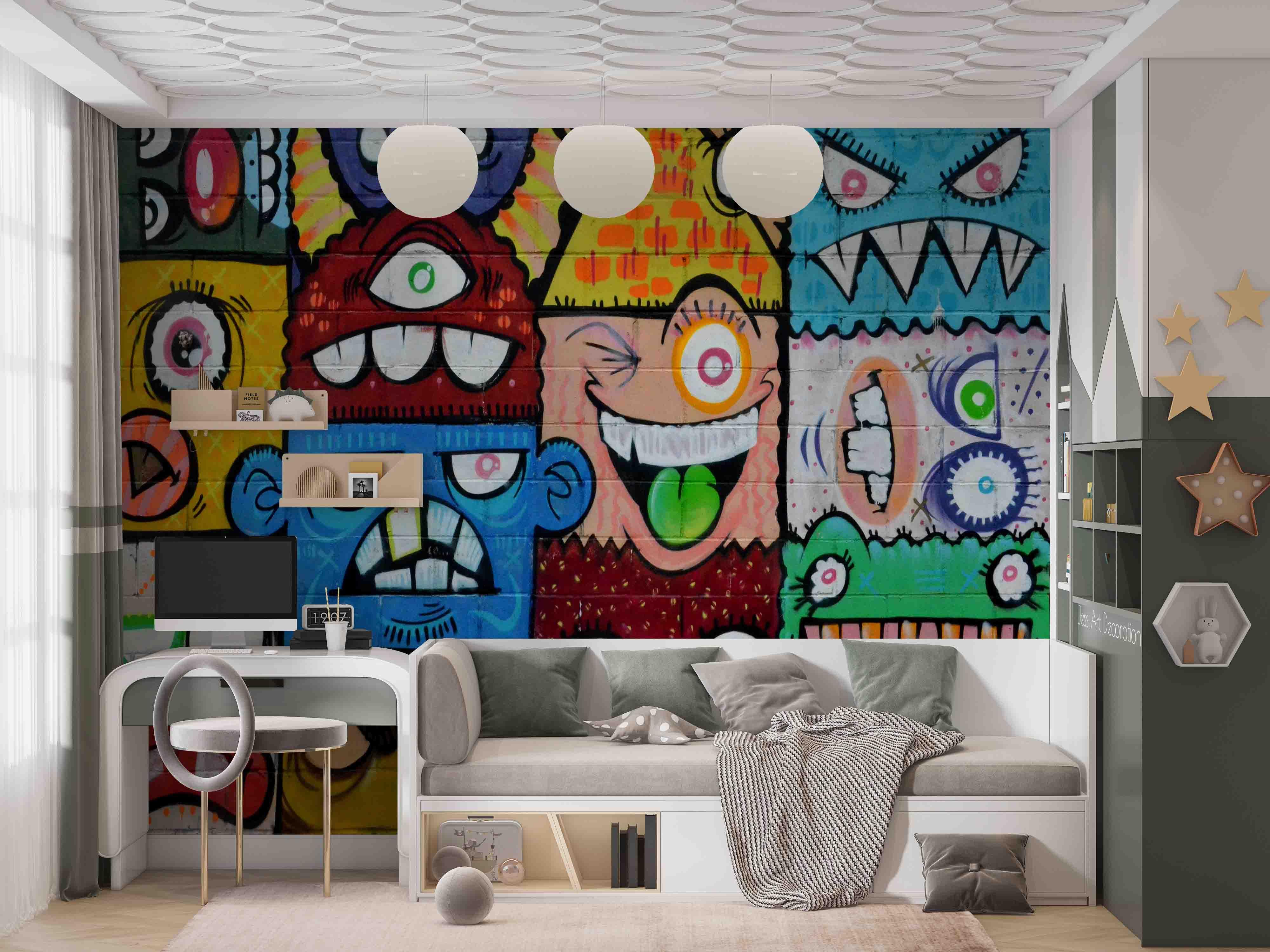 3D Strange Face Graffiti colourful strange face graffiti wall mural wallpaper for kids room - view 3