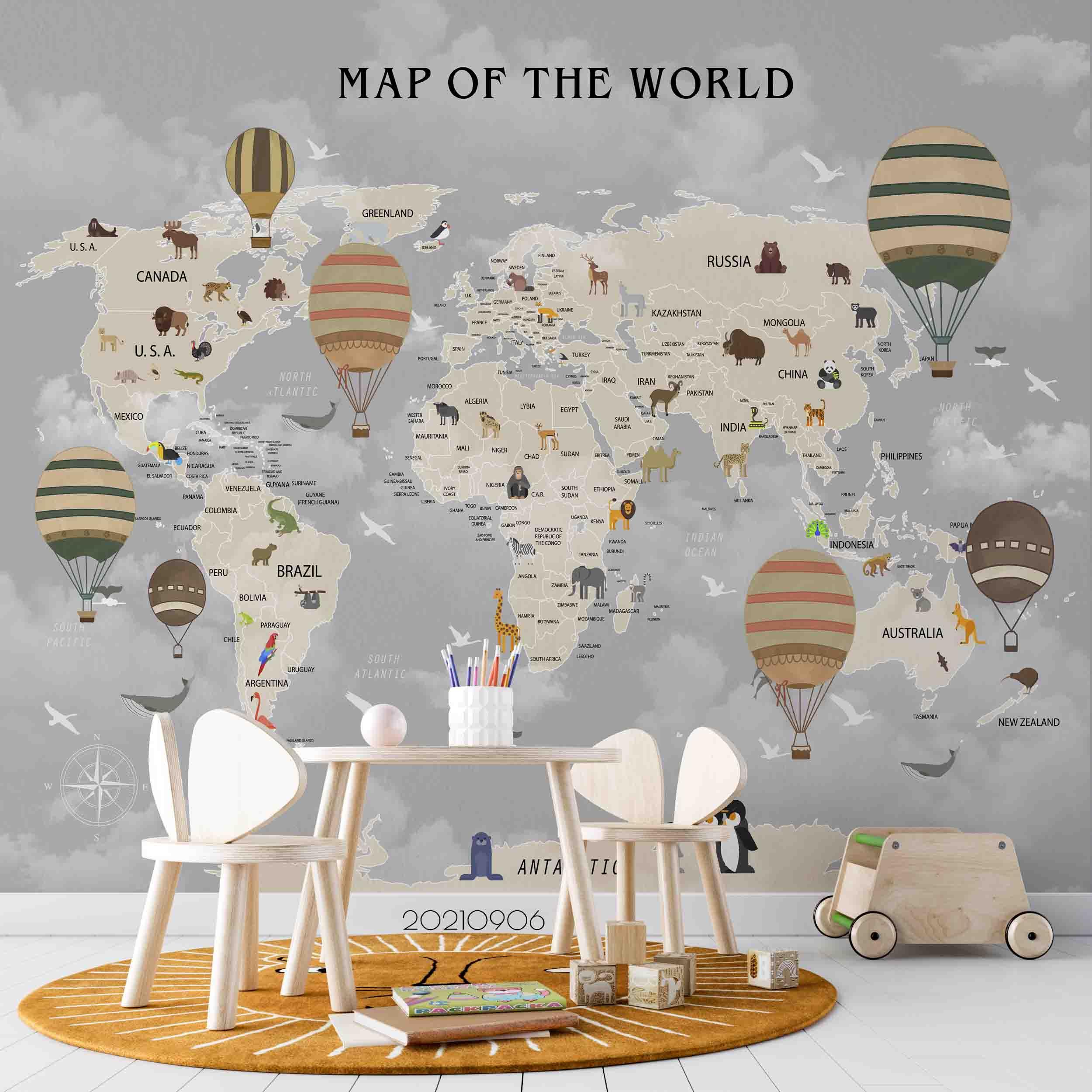 3D World Map Hot Air Balloon Wall Mural Wallpaper LQH 506- Jess Art Decoration