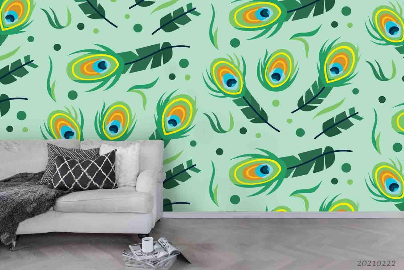 3D Hand Drawn Green Peacock Feather Wall Mural Wallpaper LQH 89- Jess Art Decoration