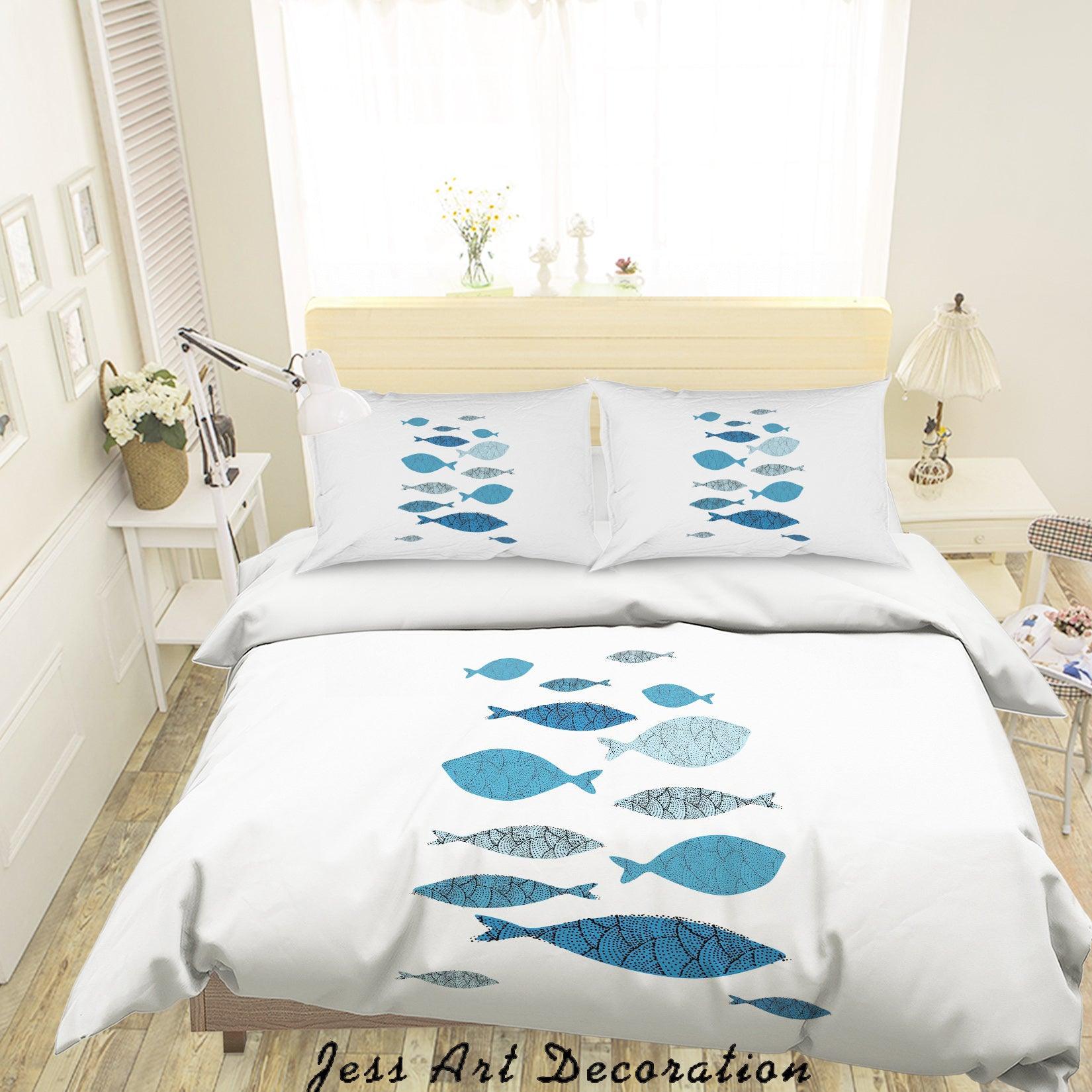 3D White Blue Fish Quilt Cover Set Bedding Set Pillowcases 16- Jess Art Decoration