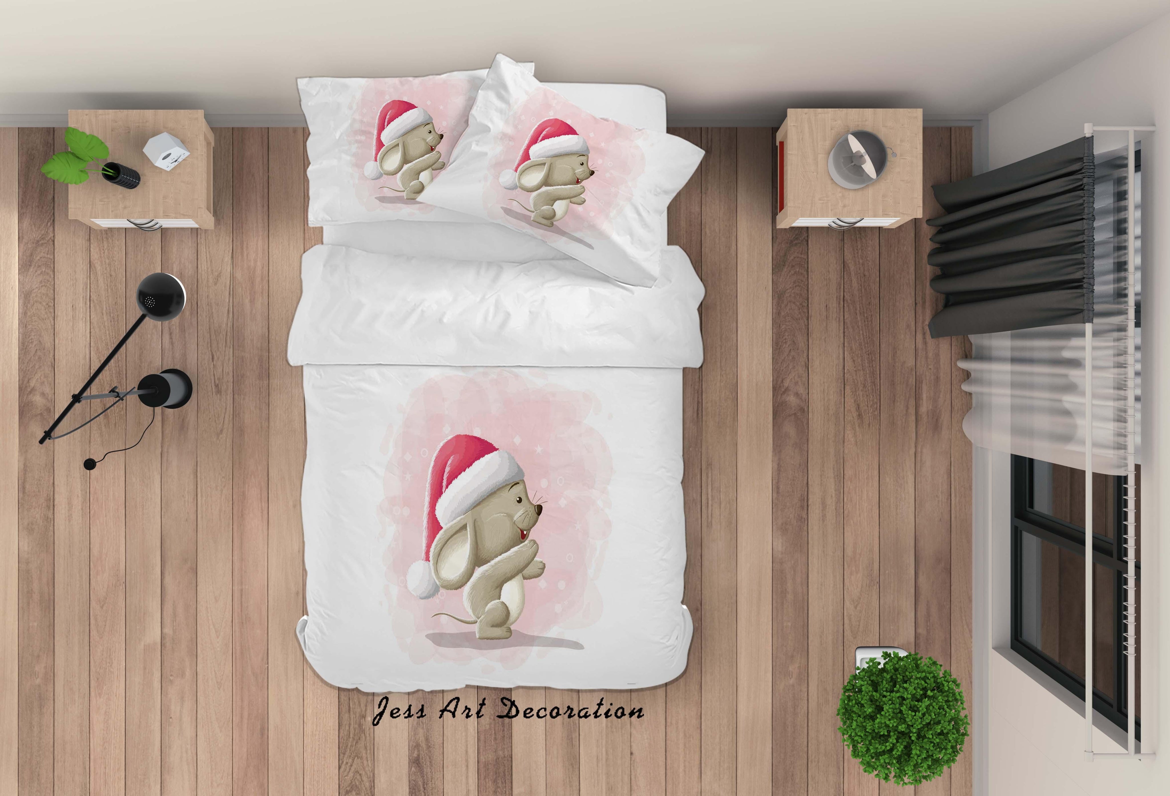 3D White Mouse Christmas Hat Quilt Cover Set Bedding Set Duvet Cover Pillowcases SF43- Jess Art Decoration
