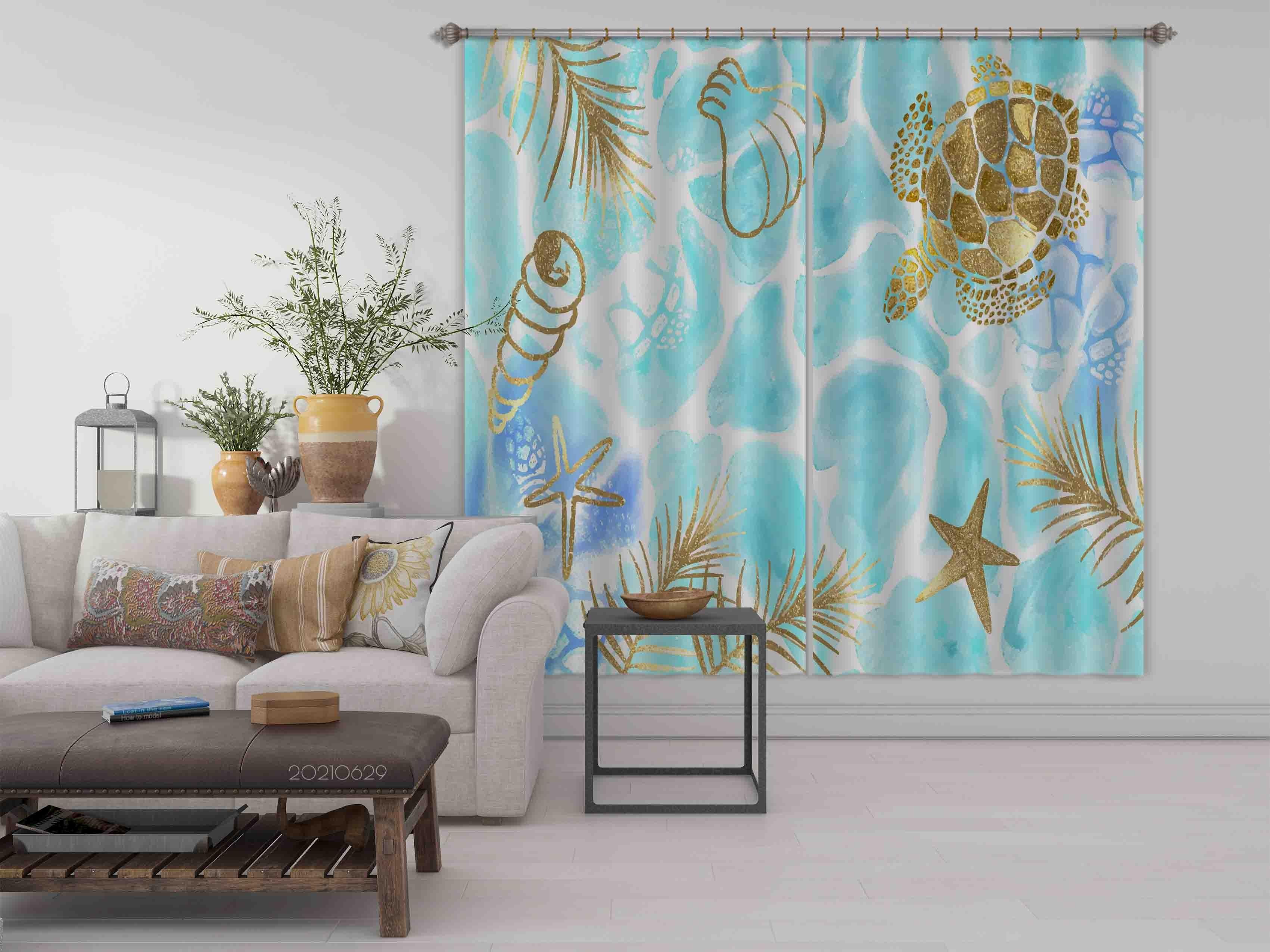 3D Watercolor Sea Turtle Shell Starfish Conch Golden Curtains and Drapes LLL 378- Jess Art Decoration