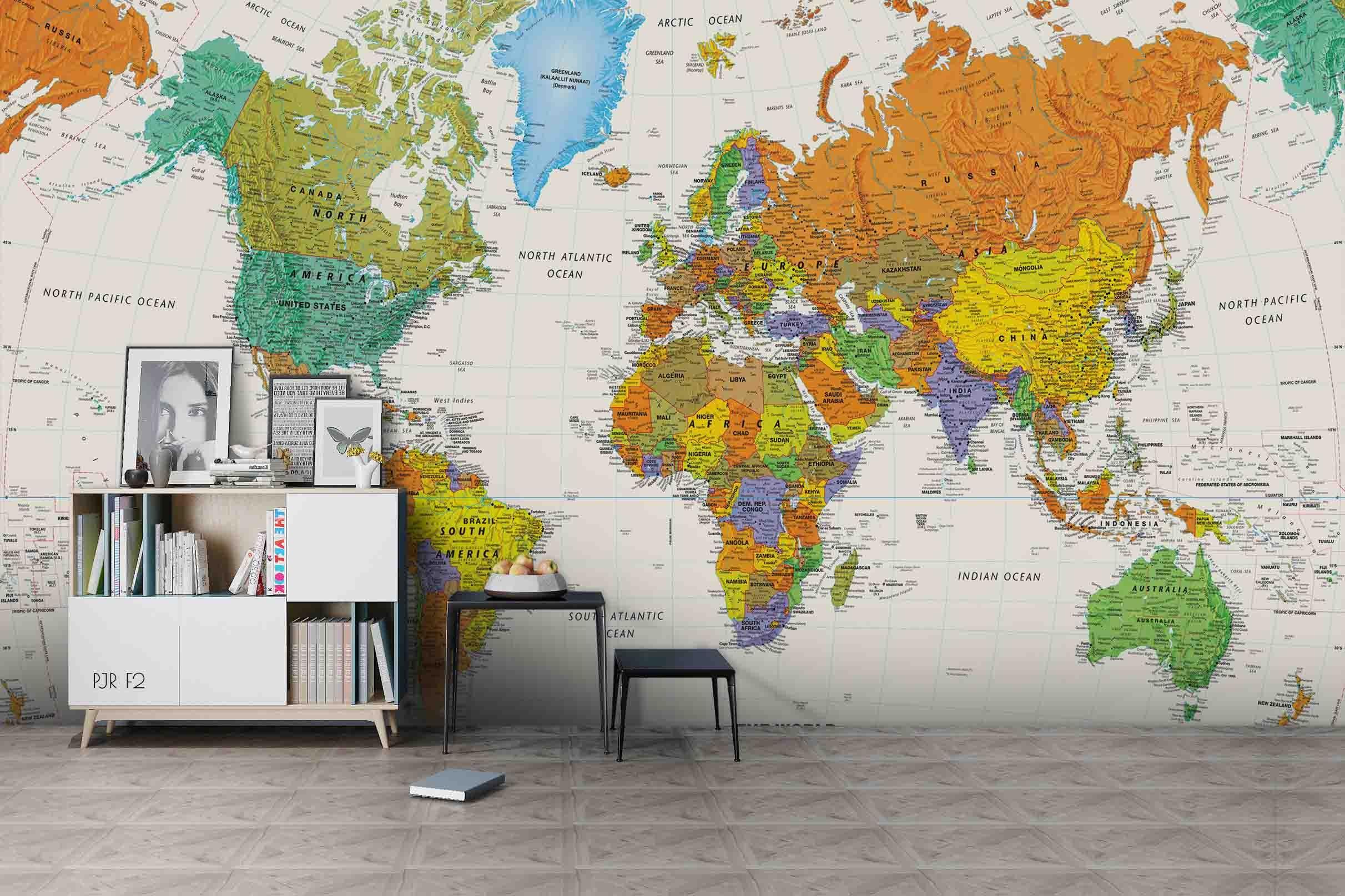 3D Colourful World Map Wall Mural Wallpaper WJ 2174- Jess Art Decoration