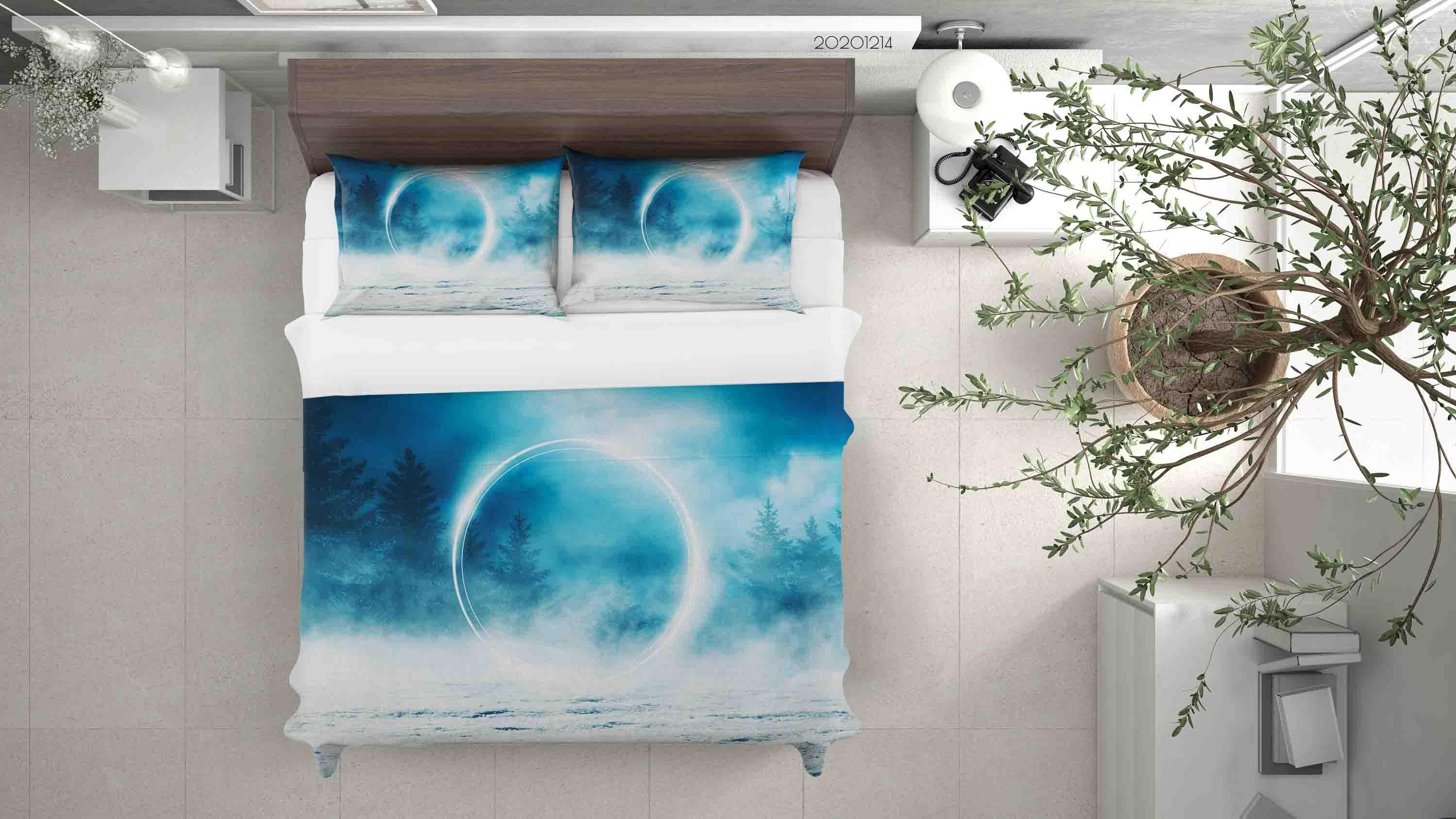 3D Dreamy Glowing Circle Foggy Dark Forest Tree Plant Quilt Cover Set Bedding Set Duvet Cover Pillowcases LXL- Jess Art Decoration