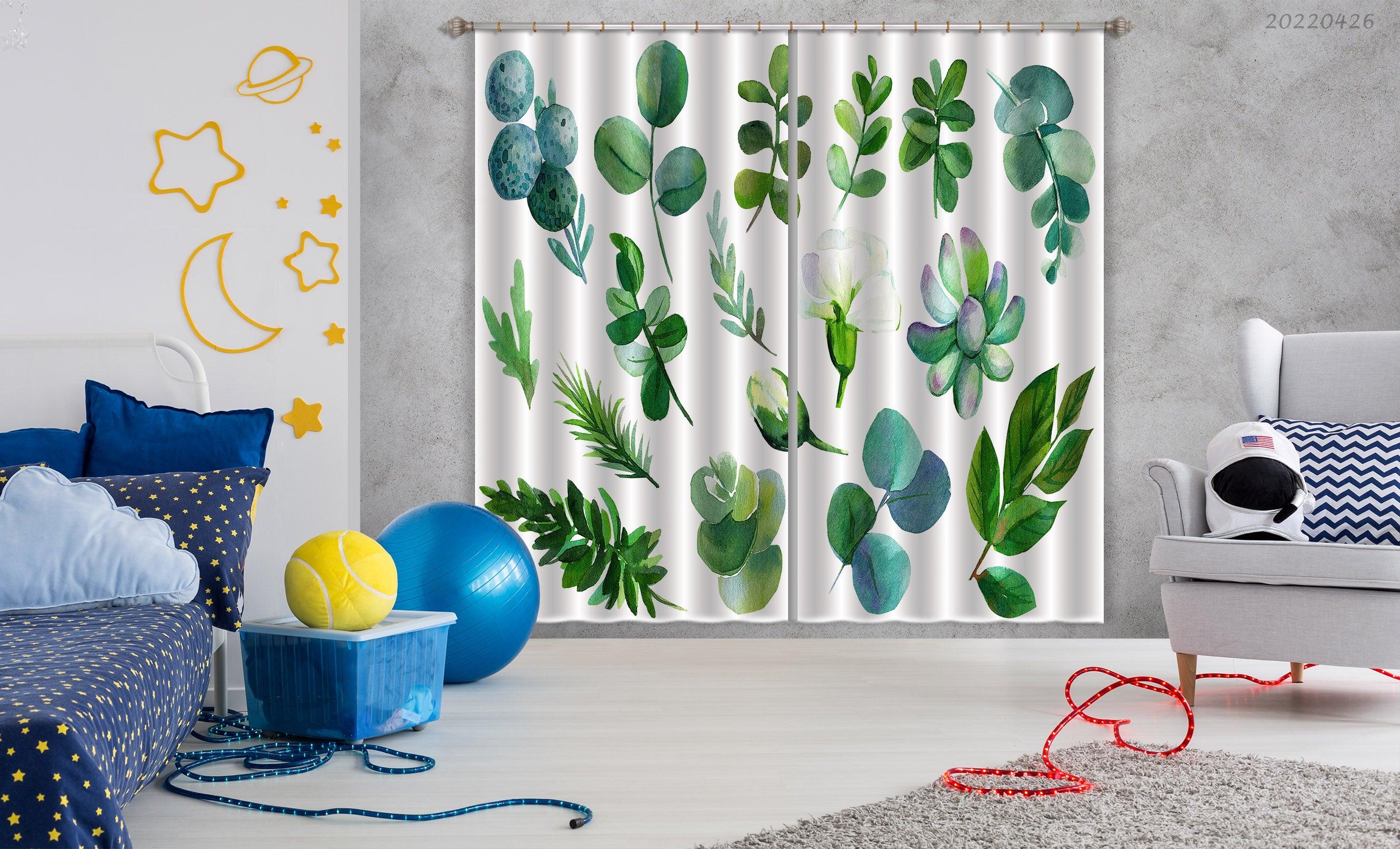 3D Watercolor Green Plant Leaf Floral Curtains and Drapes GD 4758- Jess Art Decoration
