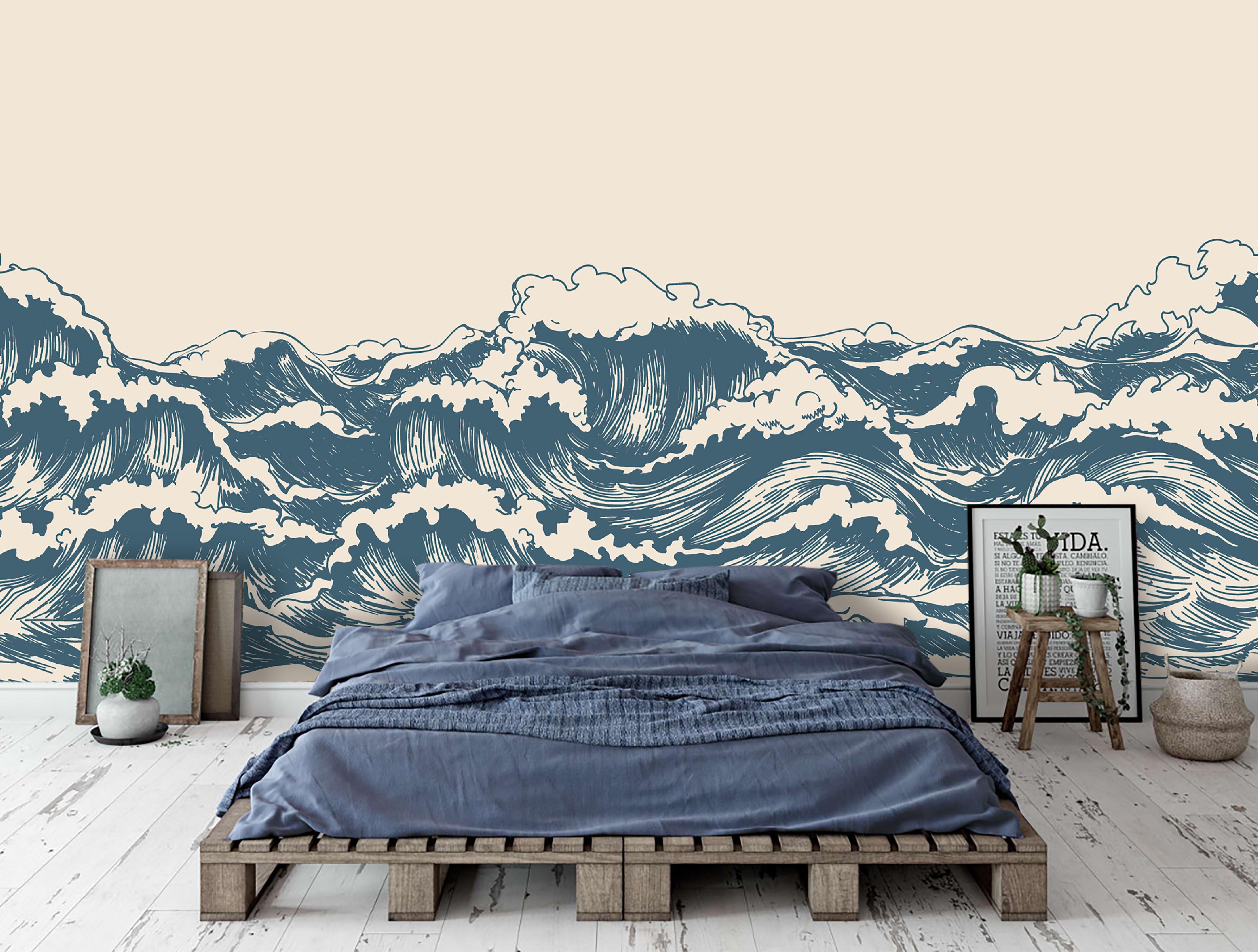 3D Hand Drawn Sea Waves hand drawn ocean wave landscape wall mural wallpaper for living room - view 2