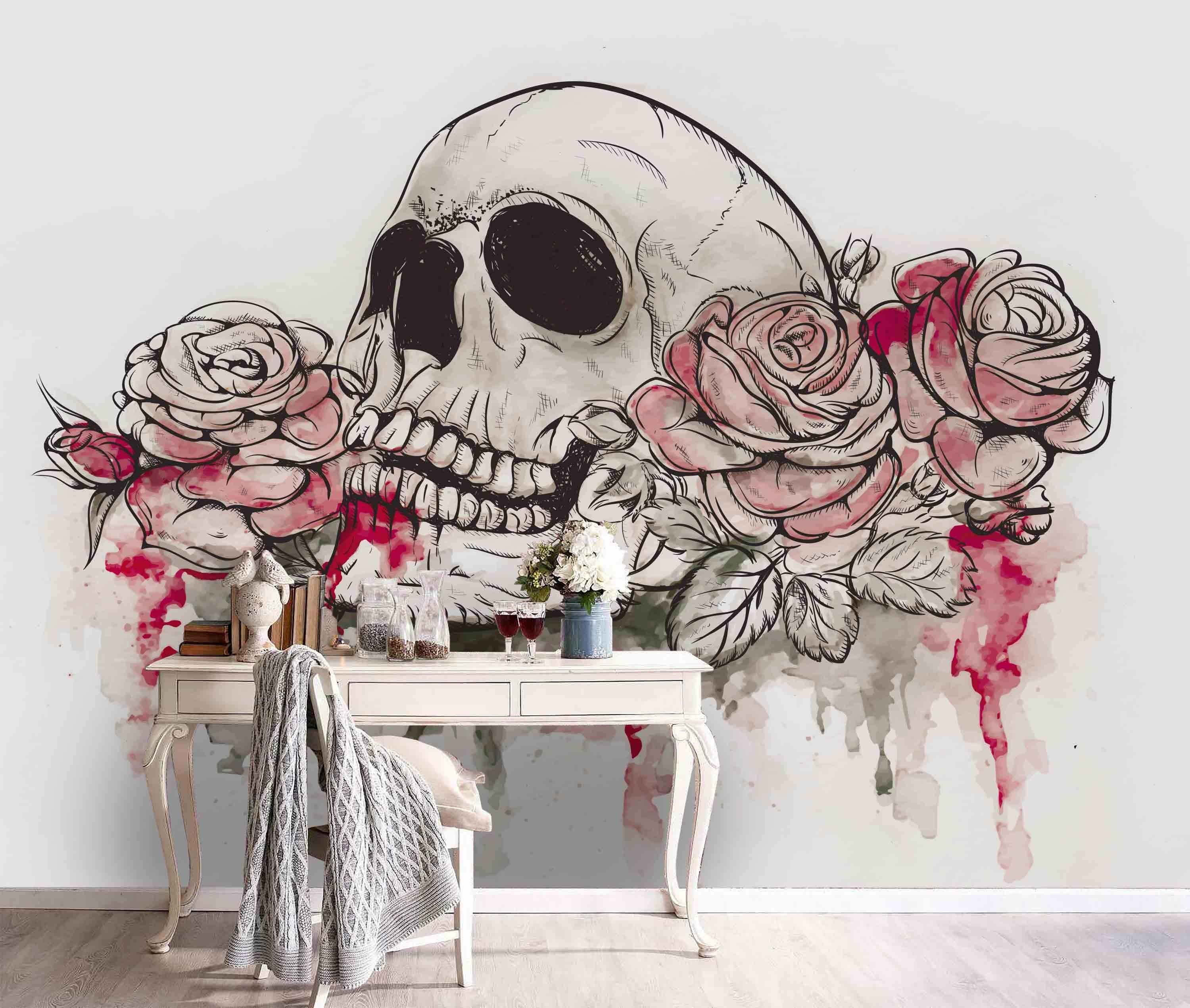 3D Skull Floral skull floral gothic mural wall mural wallpaper for bedroom - view 2