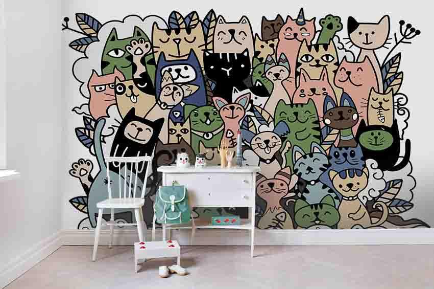 3D Cartoon Cat Kitty Wall Mural Wallpaper SF81- Jess Art Decoration