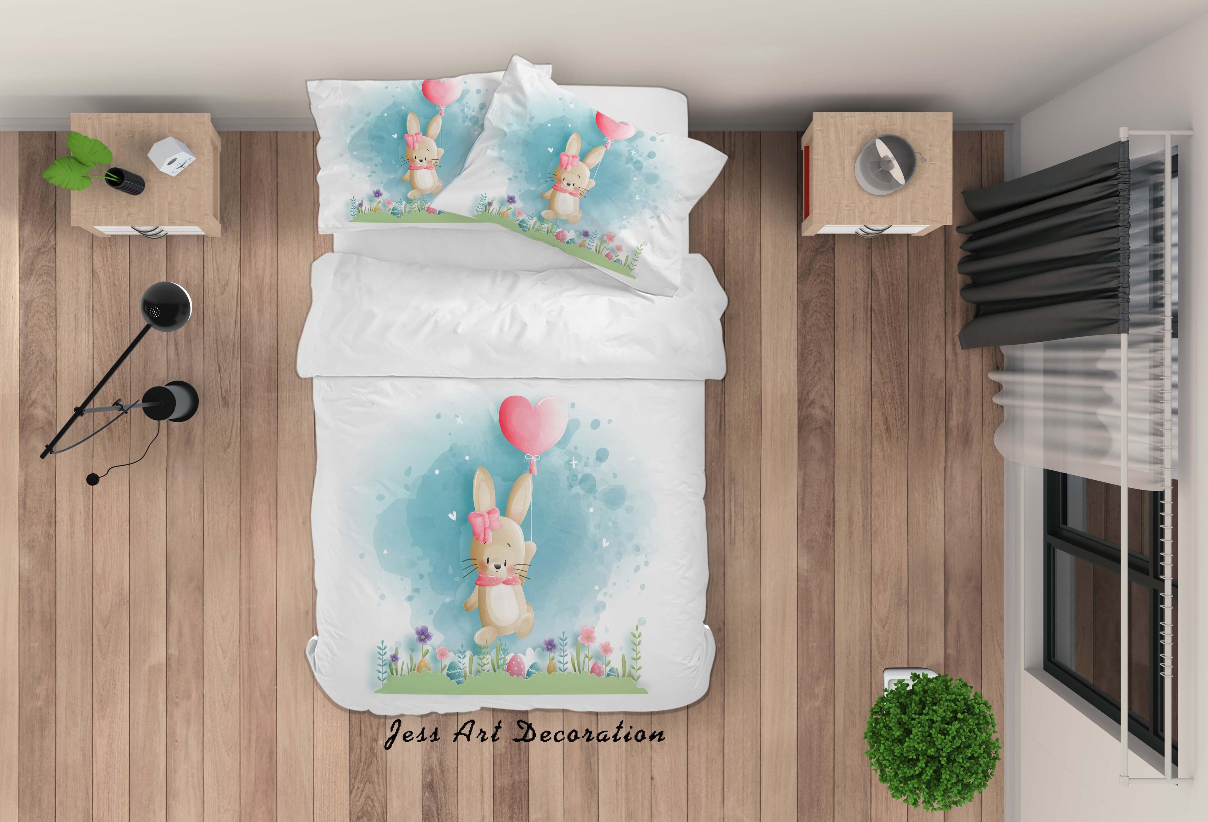 3D White Blue Rabbit Floral Eggs Heart Balloon Quilt Cover Set Bedding Set Duvet Cover Pillowcases SF71- Jess Art Decoration