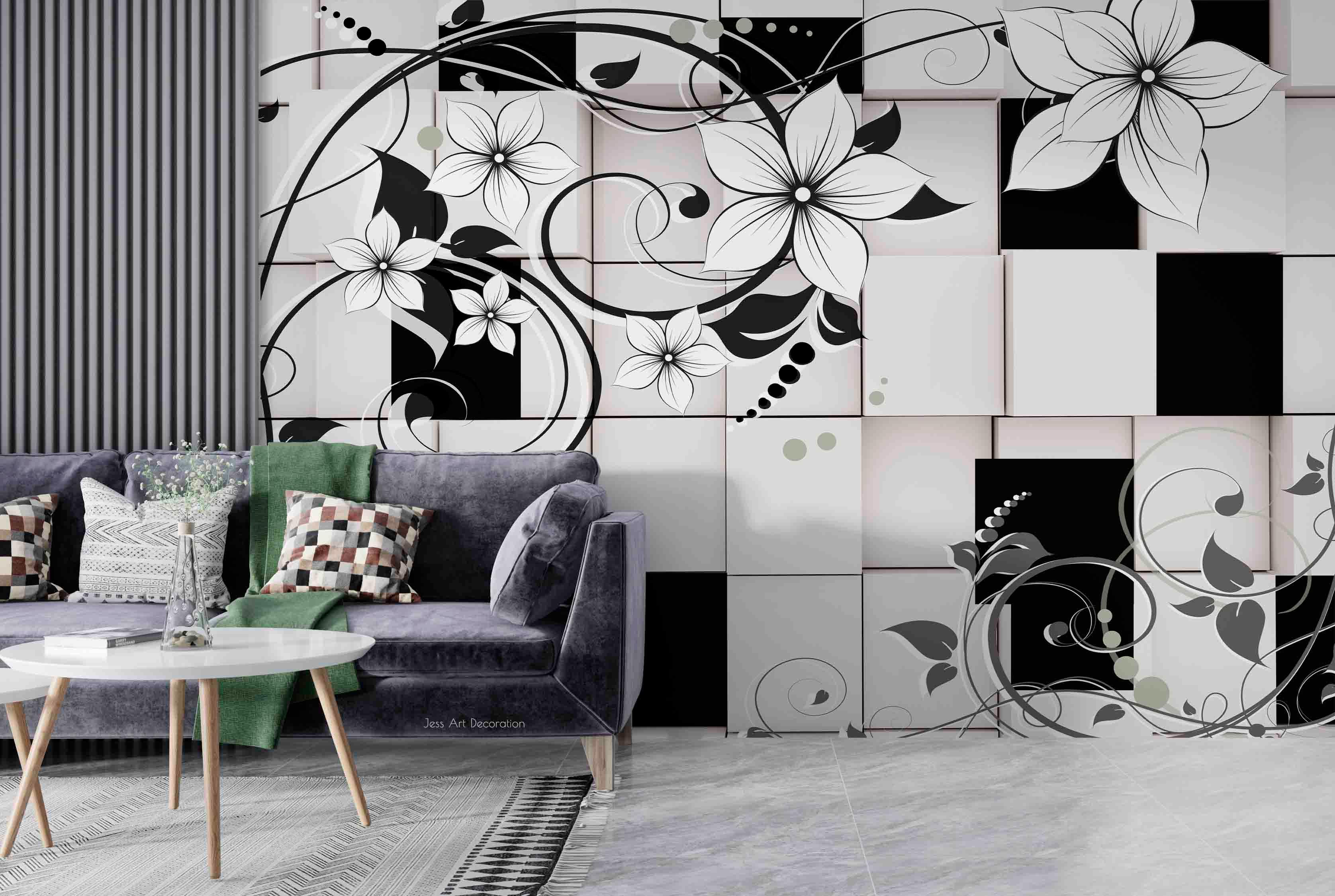 3D Black White Geometric Square Flower Wall Mural Wallpaper GD 3136- Jess Art Decoration