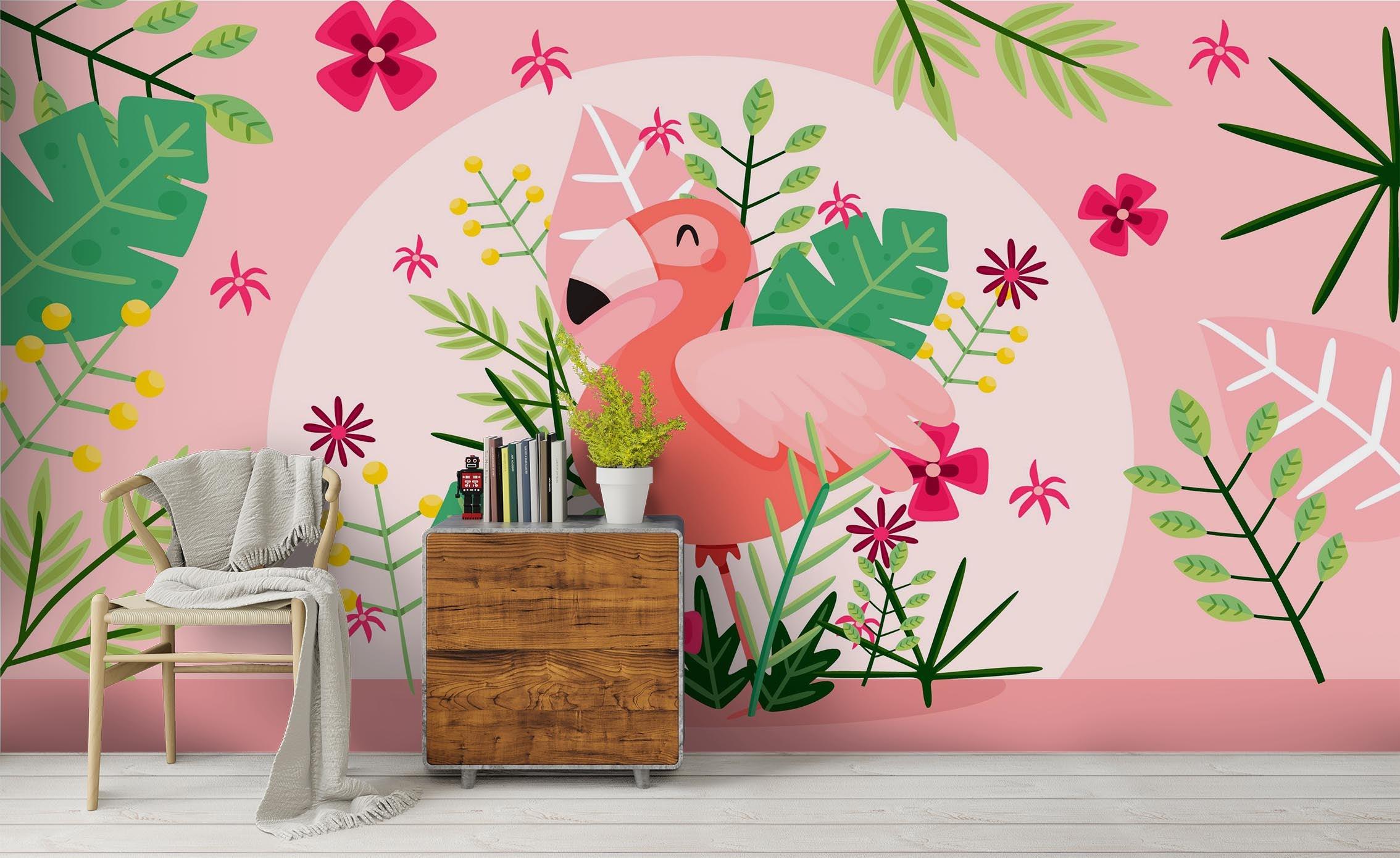 3D Tropical Green Leaves Pink Flamingo Wall Mural Wallpaper 106 LQH- Jess Art Decoration