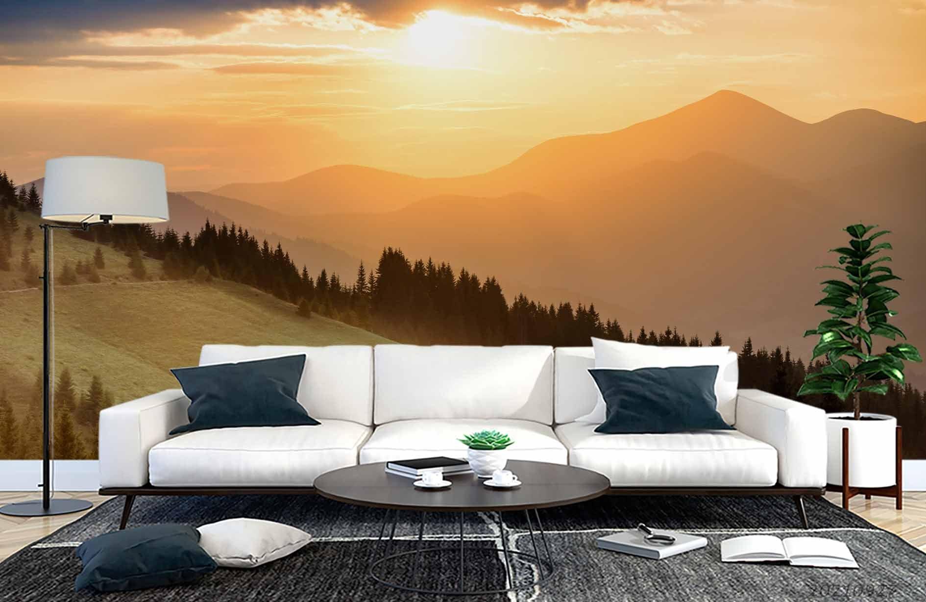 3D Sunset Sky Mountain Forest Landscape Wall Mural Wallpaper LQH 58- Jess Art Decoration