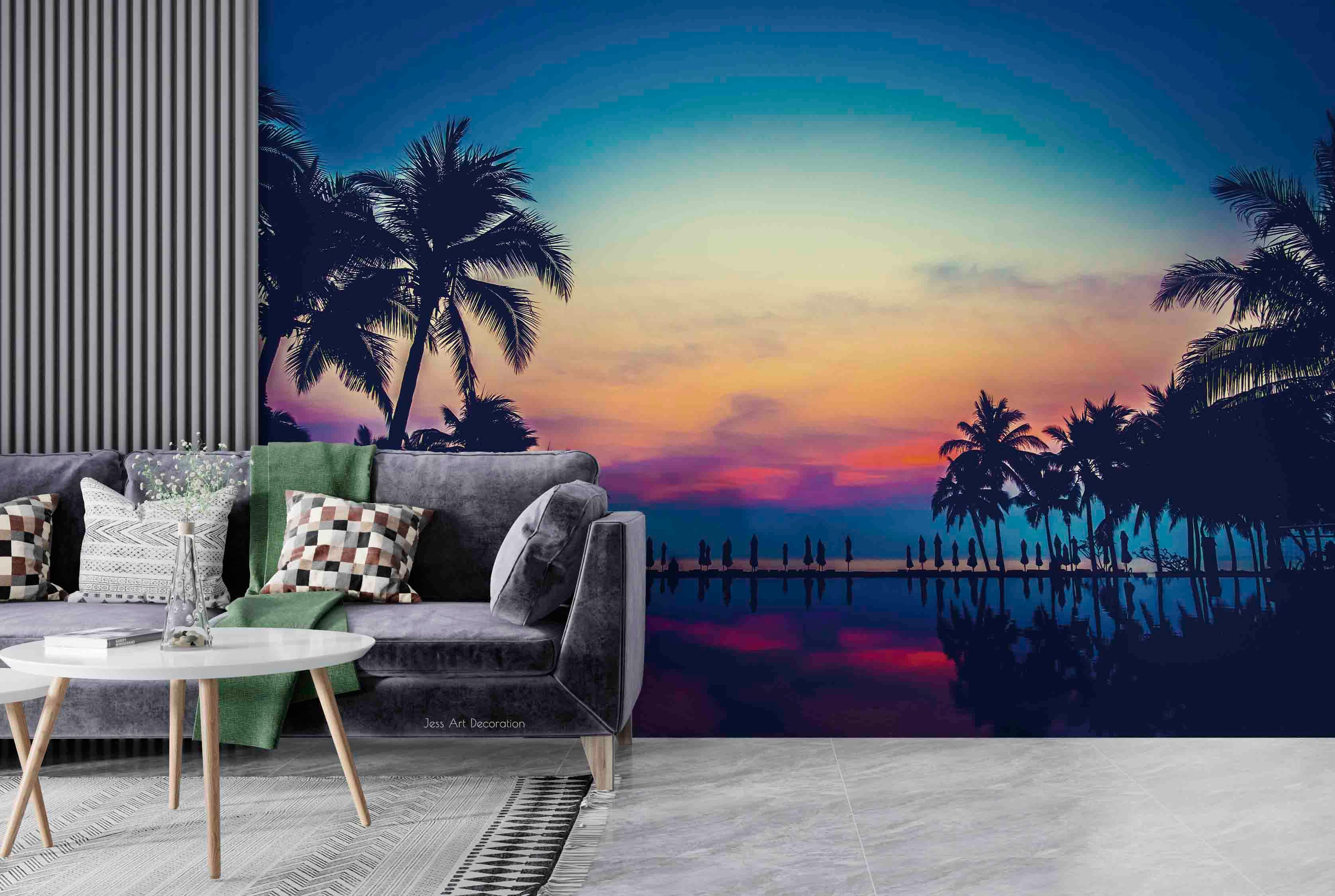 3D Coconut Tree Water Surface Red Sky Landscape Wall Mural Wallpaper GD 2954- Jess Art Decoration