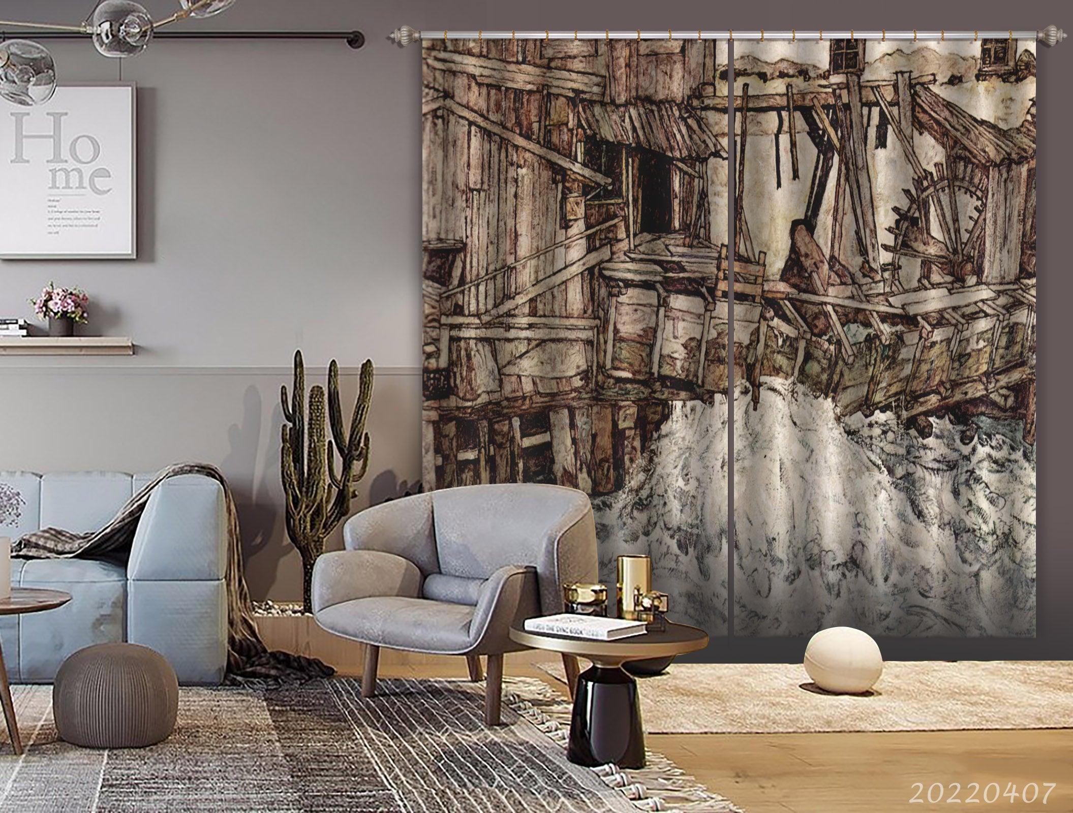 3D Wooden Waterwheel Artwork Painting Curtains and Drapes GD 3515- Jess Art Decoration